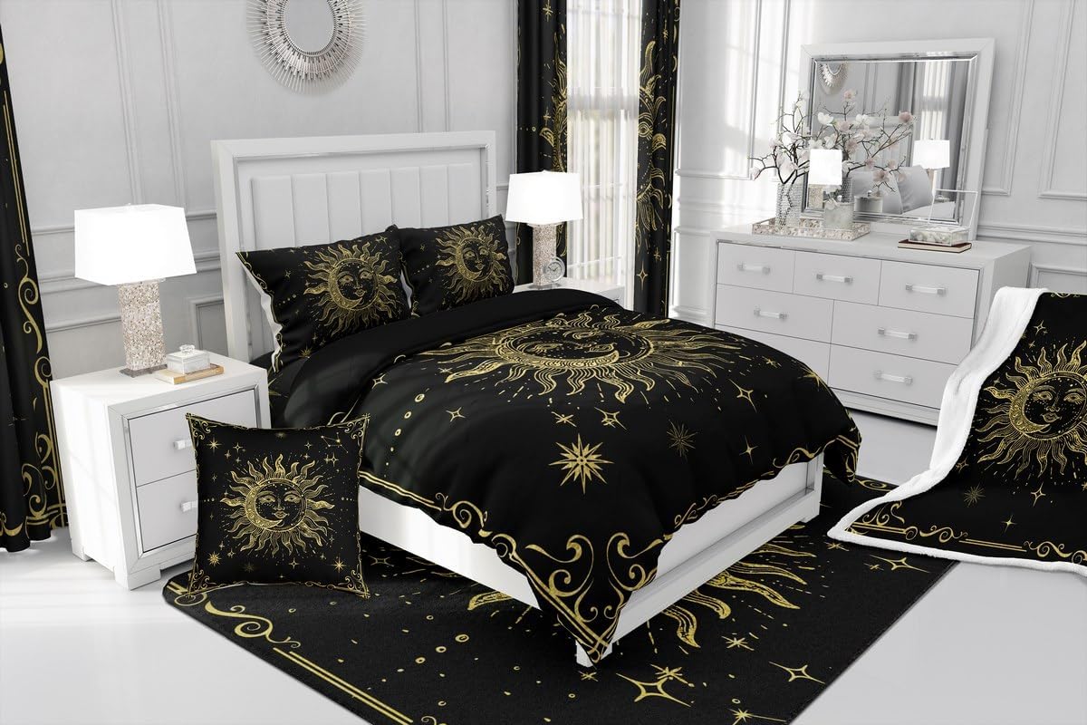 Erosebridal Boho Mandala Duvet Cover Full Celestial Sun and Moon Bedding Set Space Gold Stars Moon Comforter Cover for Kids Boys Girls Teens Galaxy Stars Quilt Cover with 2 Pillow Cases Bedroom Decor