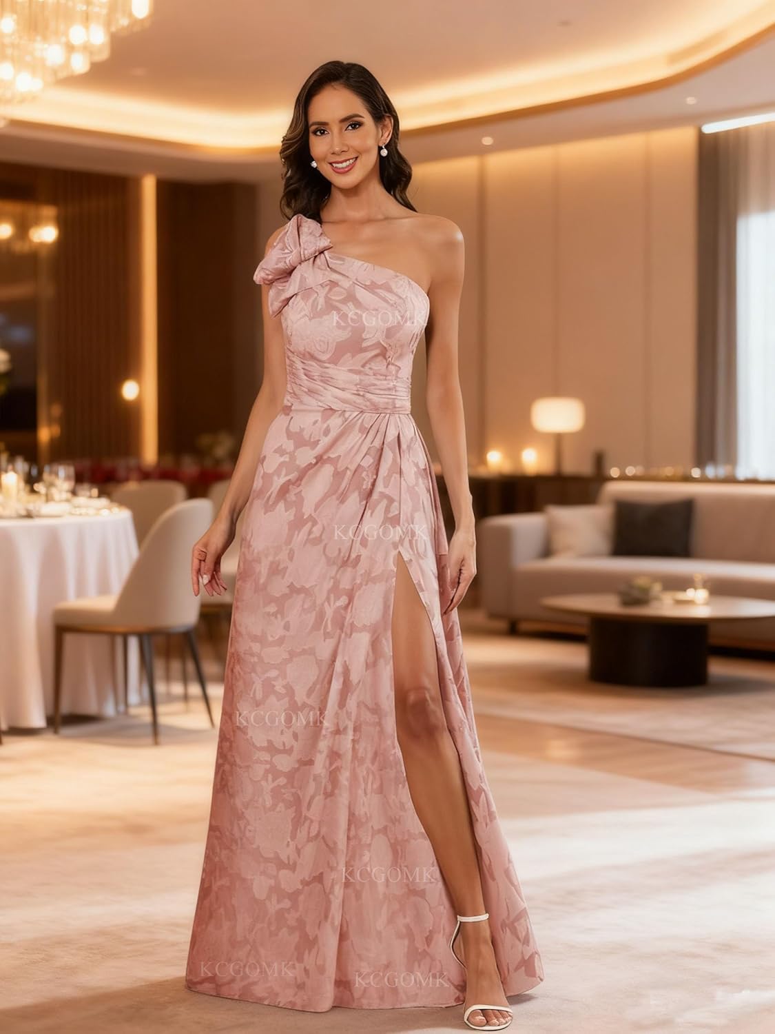 One Shoulder Mother of Bride Dresses for Women Floral Bow Pleated Formal Evening Dress with Slit - Image 2