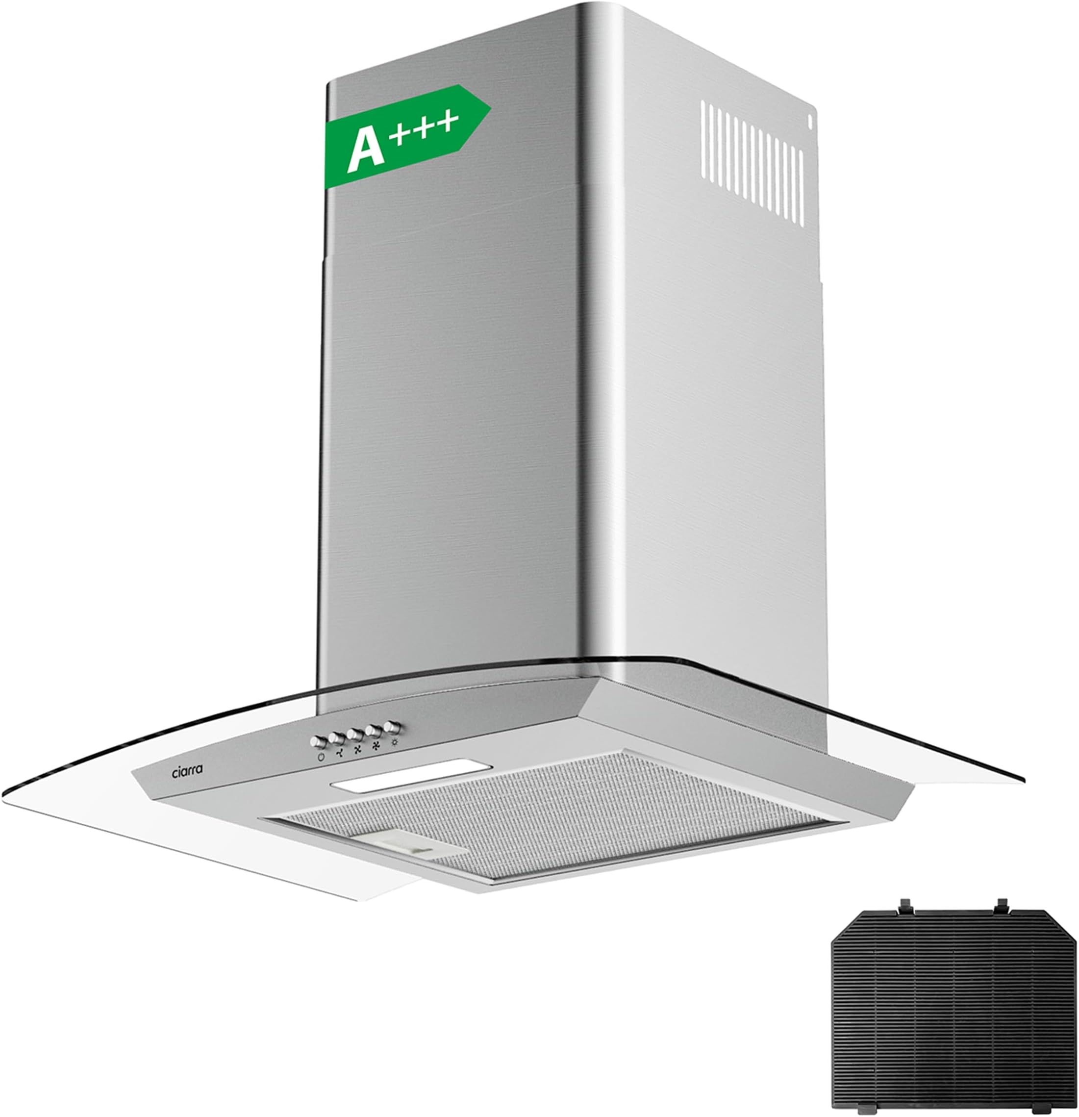 CBCS6506B Curved Glass Cooker Hood 60cm 650 m³/h Chimney Hoods with 3 Speed Recirculating Ducting Kitchen Ventilation Extractor Fan with Carbon Filter