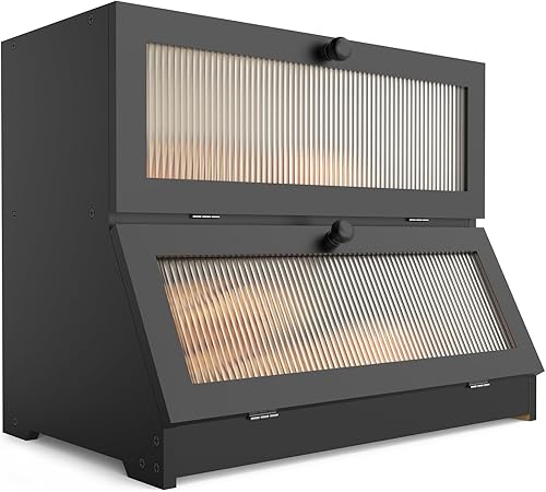 LOHASOK Panera de bambú de doble capa para encimera de cocina, contenedor de almacenamiento de pan de gran capacidad, caja de pan de granja con