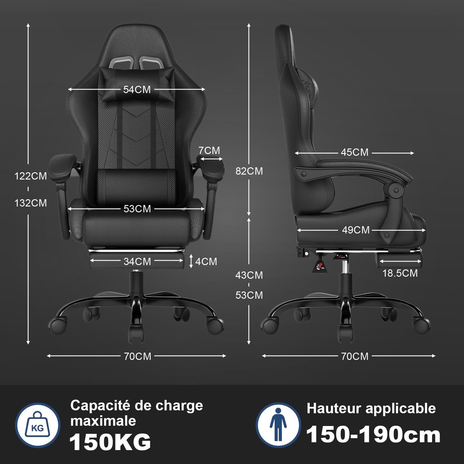 JUMMICO Chaise Gaming avec Coussin de Massage, Fauteuil Gaming Ergonomique avec Coussin Lombaire Massant, Chaise Bureau Gaming avec Dossier Réglable de 90 à 150° et Repose-Pieds, 150 kg, Noir