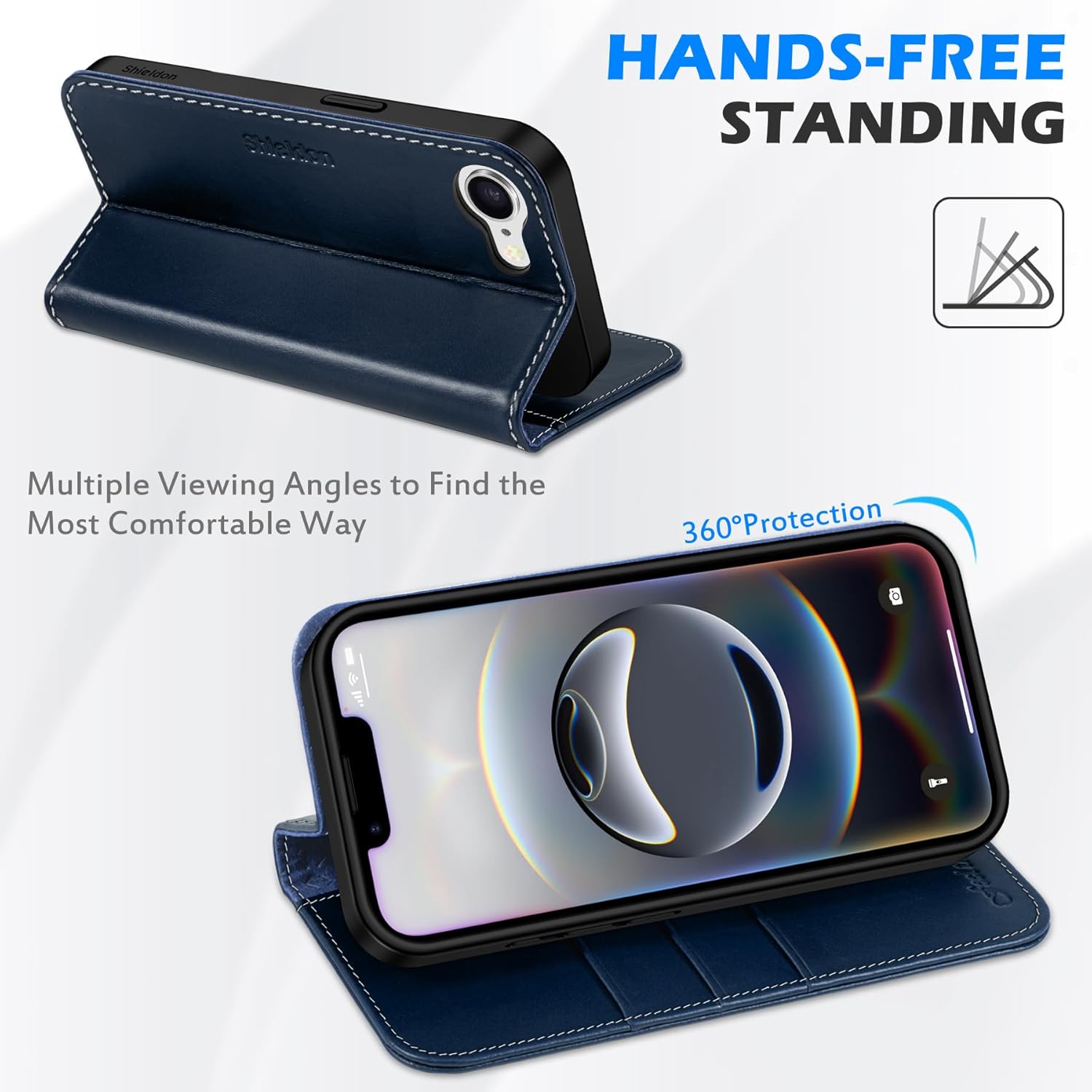 SHIELDON Wallet Case for iPhone 16e 2025, Genuine Leather Foldable Magnetic Cover Kickstand RFID Blocking Credit Card Holder Shockproof Phone Case Compatible with iPhone 16e 6.1" - Retro Dark Blue - Image 5