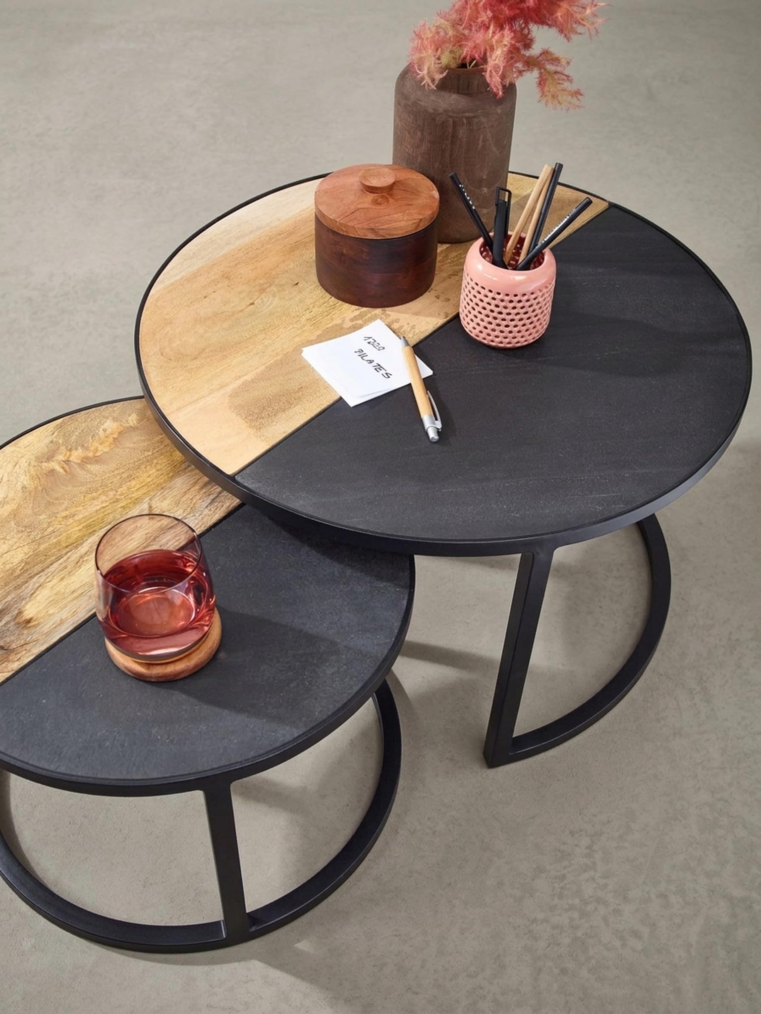Couchtisch 2er Set Mango Massivholz/Stein Sofatisch Rund Modern