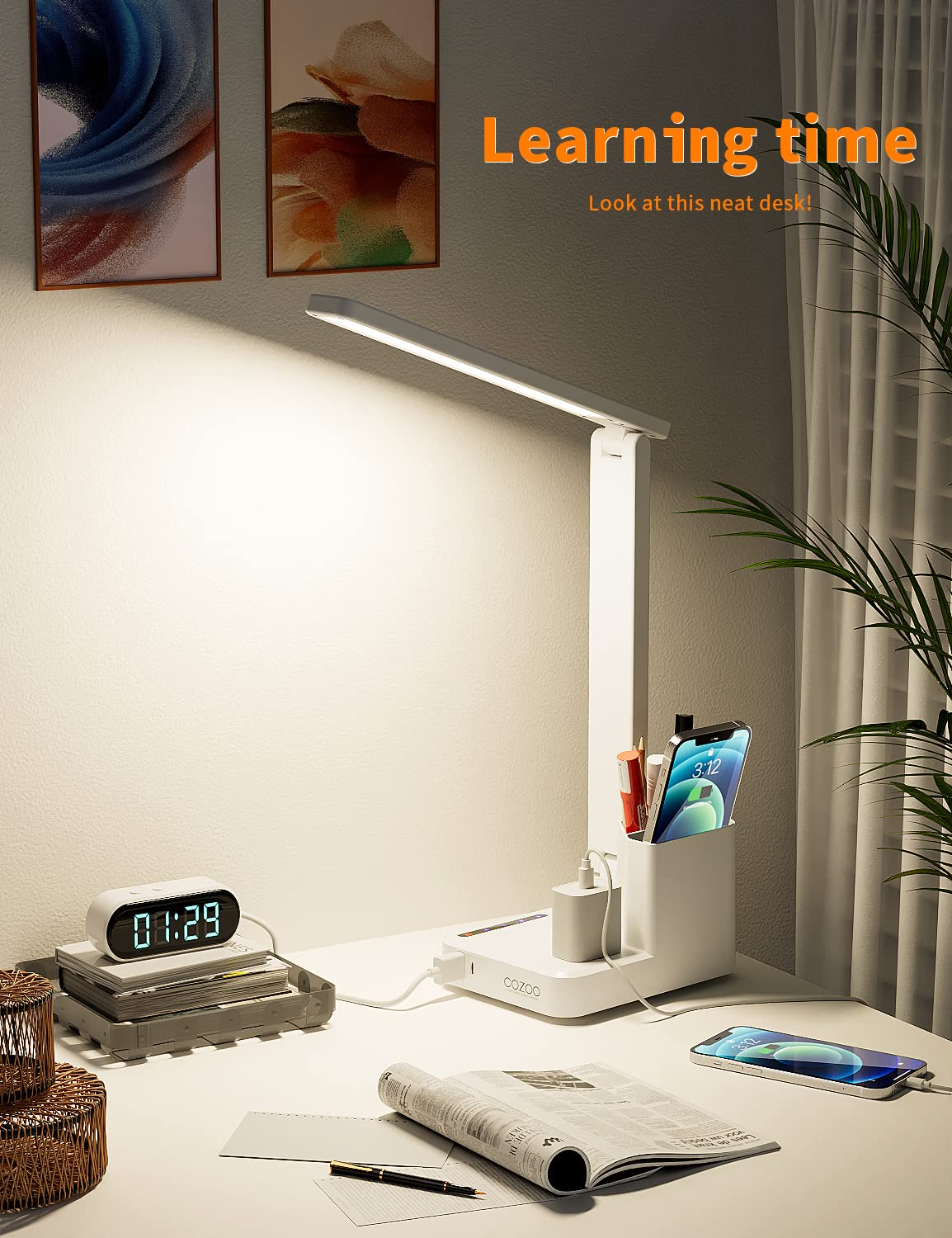 COZOO Dimmable Desk Table Lamp with Pen Holder/Organizer,Study LED Desk Lamp with USB Charging Port/Type C Port/Outlets/Storage Box/Touch,Kids Desk Reading Light for Students,Desk Lamp for Home Office