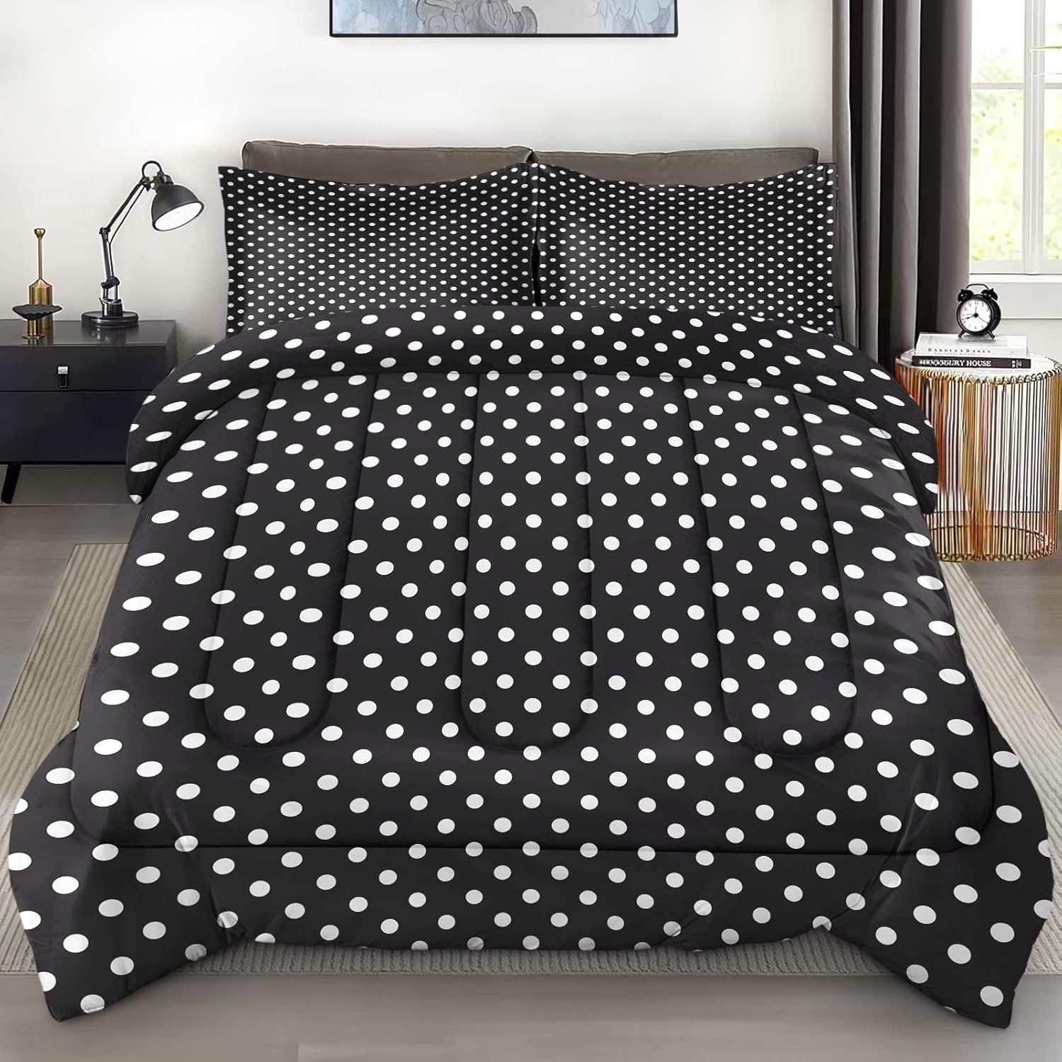 Comforter Set with 2 Pillowcases Full Size, Black White Mini Polka Dots, Bed Decor Vintage Boho Circle Geometric for Kids and Adults, Soft Cozy Bedroom Bedding Set