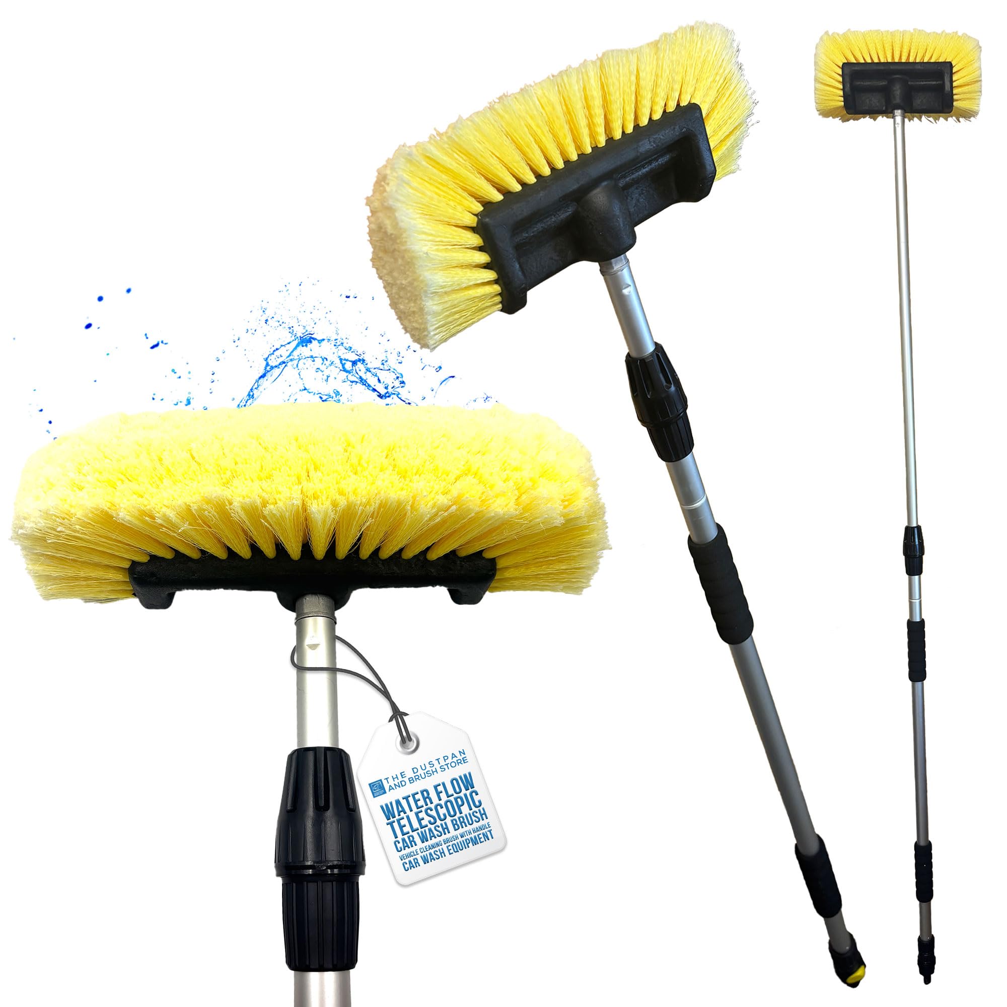 Water Flow Car Wash Brush Long Handle - 2 Section Telescopic Pole - 191 cm Extendable Soft Bristle Brush - Car Cleaning Kit with Built-In Hose Attachment for Cars, Vans, Lorries, and Caravans