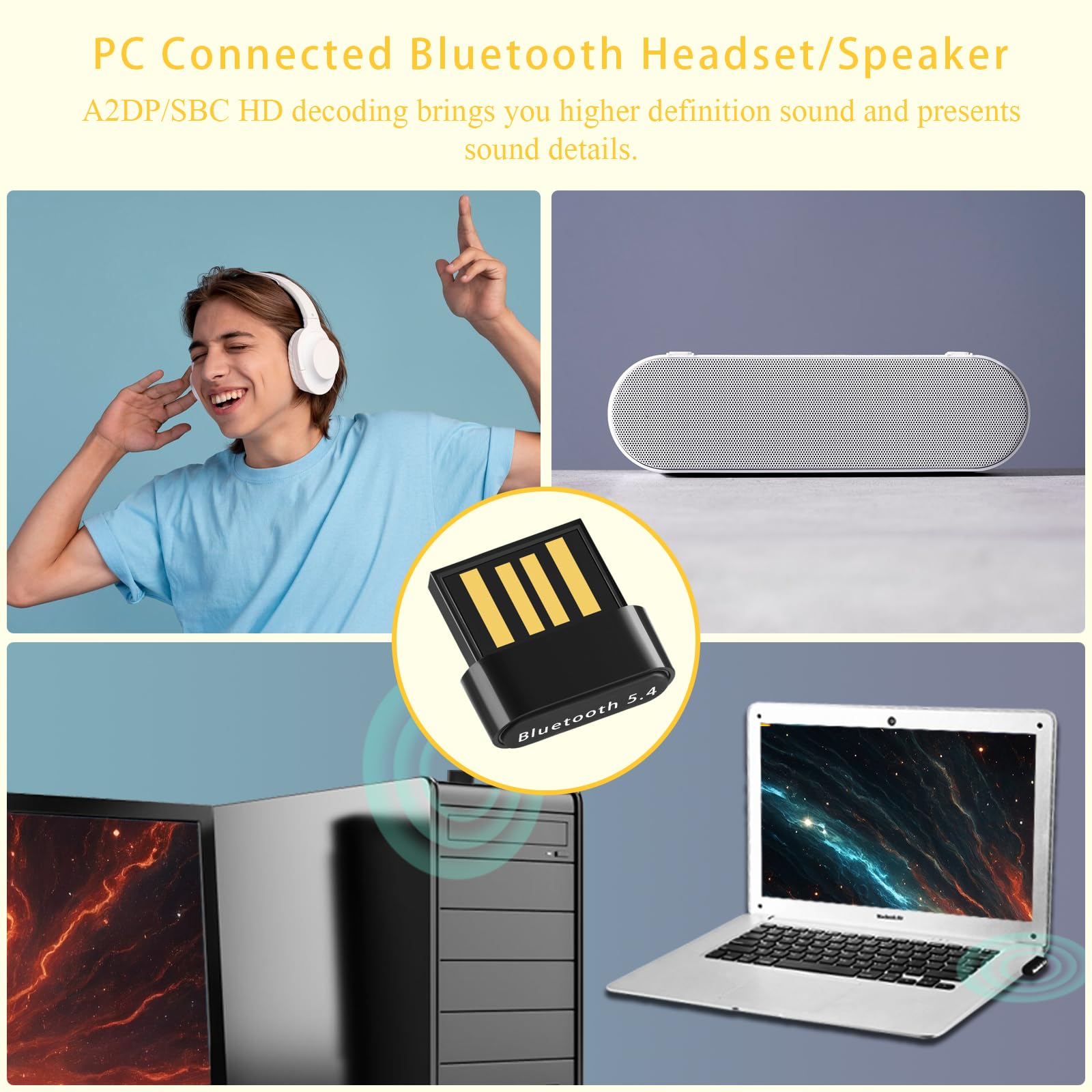 Chiavetta Bluetooth 5.4 per PC Bluetooth USB Adattatore Bluetooth Trasmettitore Low Latency，Plug & Play für PC,Mouse, Tastiera, Cuffie, Telefono Cellulare, Altoparlanti con Windows 11/10/8.1（Nero)