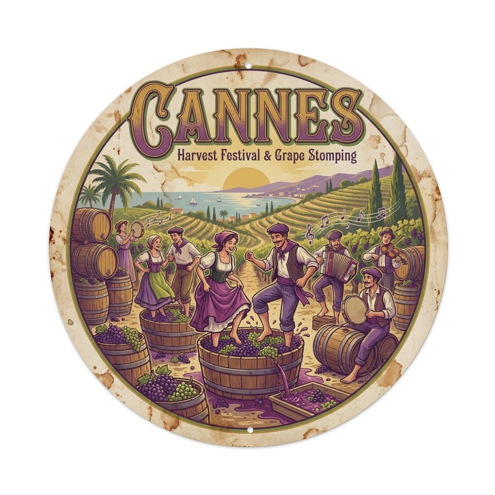 Coastal Travel Grape Harvest Celebration Cannes Riviera Metal Tin Sign
