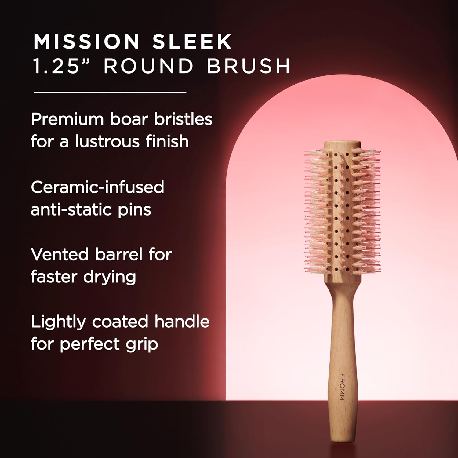 Fromm Mission Sleek Vented Round Boar Brush for Smooth, Lustrous Blowouts Even on Frizz-Prone Hair Wooden Hairbrush with Natural Boar for Anti-static Styling, Smoothing, Straightening and Shine
