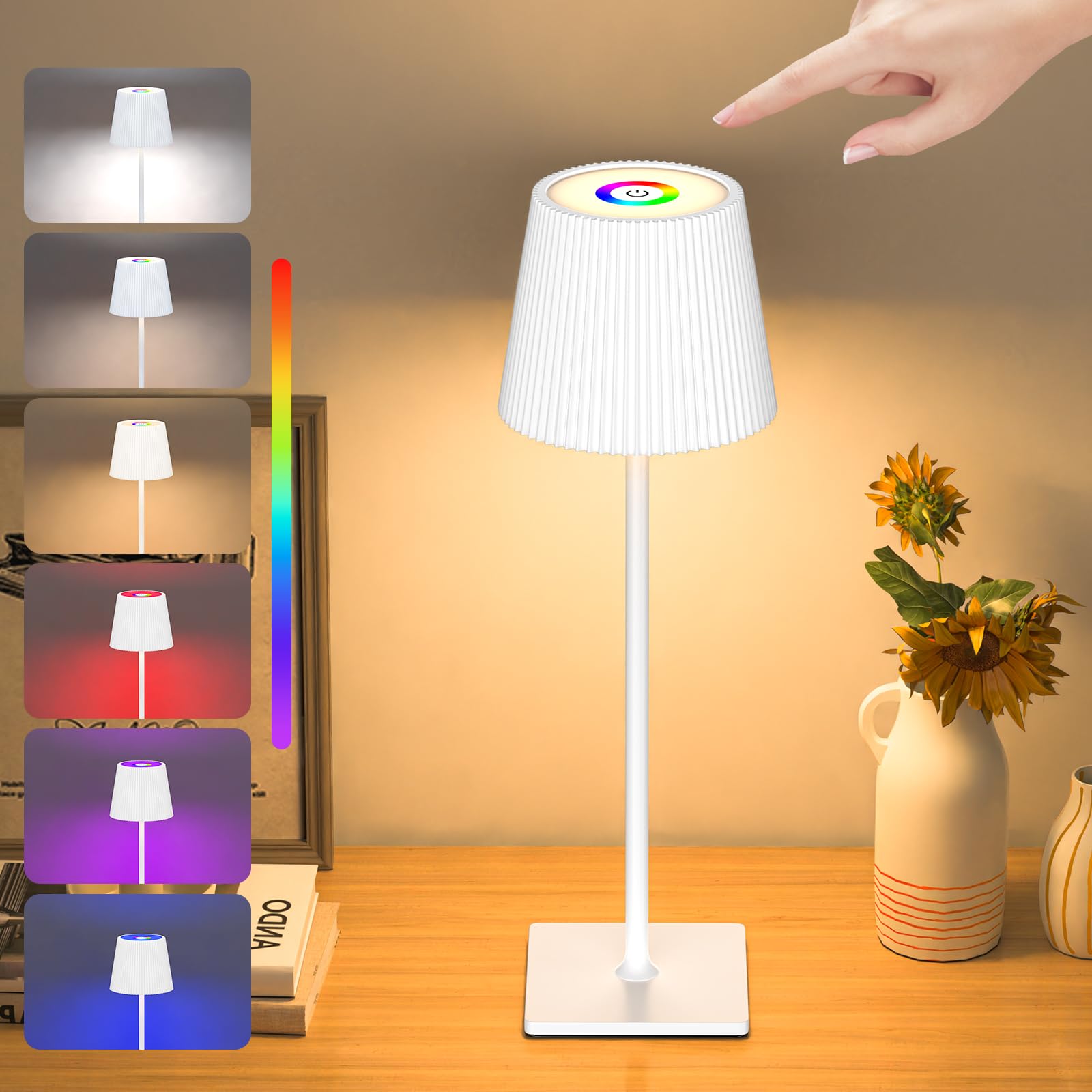 TRUMPETS Lampara de Mesita LED Inalámbrica Recargable USB-C 4800mAh batería, 3 Temperaturas de Color+RGB, Atenuación Lineal, Lamparas Sin Cables Para Restaurante Dormitorio Bares Casa Patio