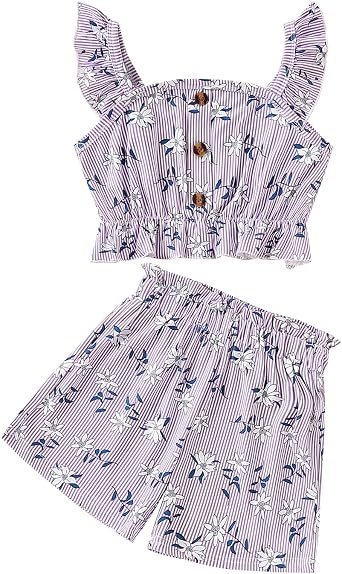 Kids Toddler Girls Summer Clothes Button Design Striped Tank Top + Floral-Print Elastic Shorts 2 Piece Outfits