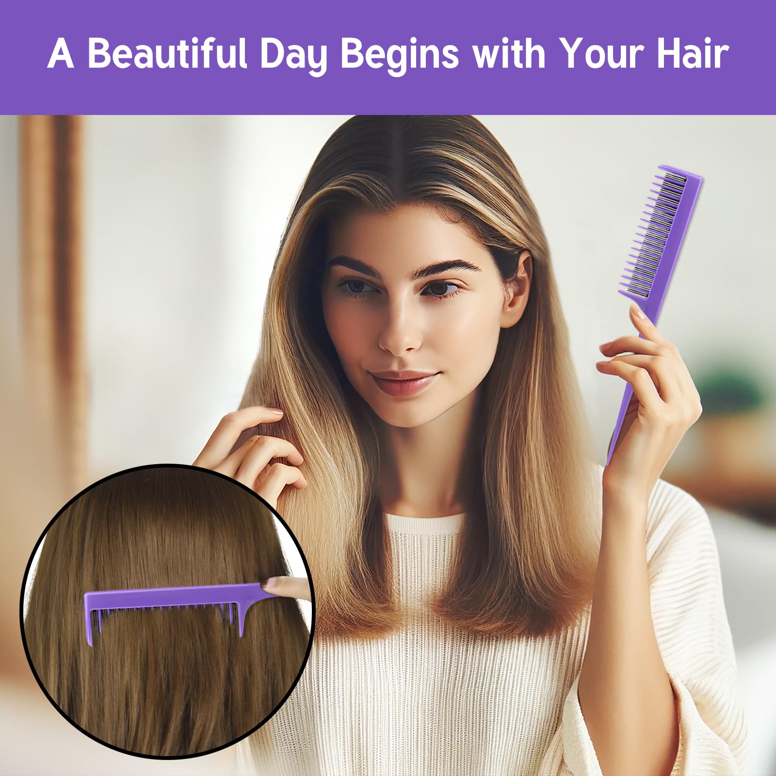 Paquete de 3 peines profesionales para la cola para bromas de raíces para tipos de cabello fino y normal, para añadir volumen, peine para mujeres y hombres, 8.15 pulgadas, negro, magenta y morado 4