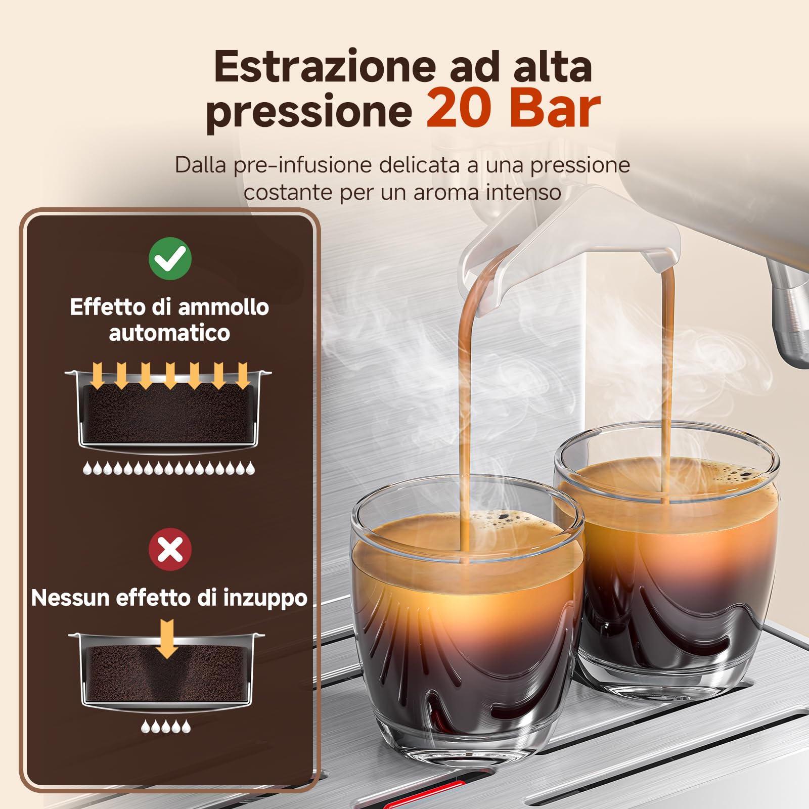 AMZCHEF Macchina Caffè Espresso con Macinacaffè Incorporato, 20 Bar, 44 Livelli di Macinatura, 4 Temperature, Funzione Cold Brew, Lancia Vapore per Latte,Acciaio Inox,1.8L