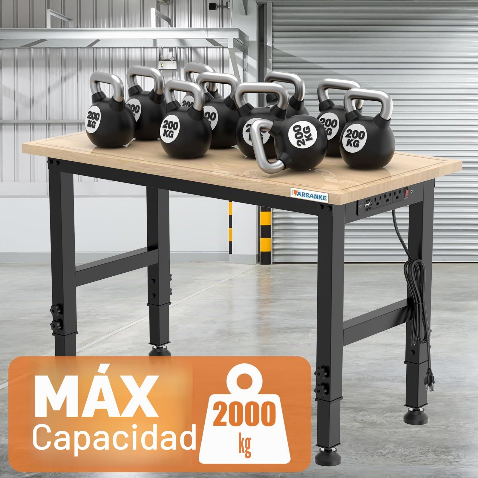 Banco de trabajo ajustable 120 cm 900 kg mesa de madera de caucho 5 alturas panel de alimentación