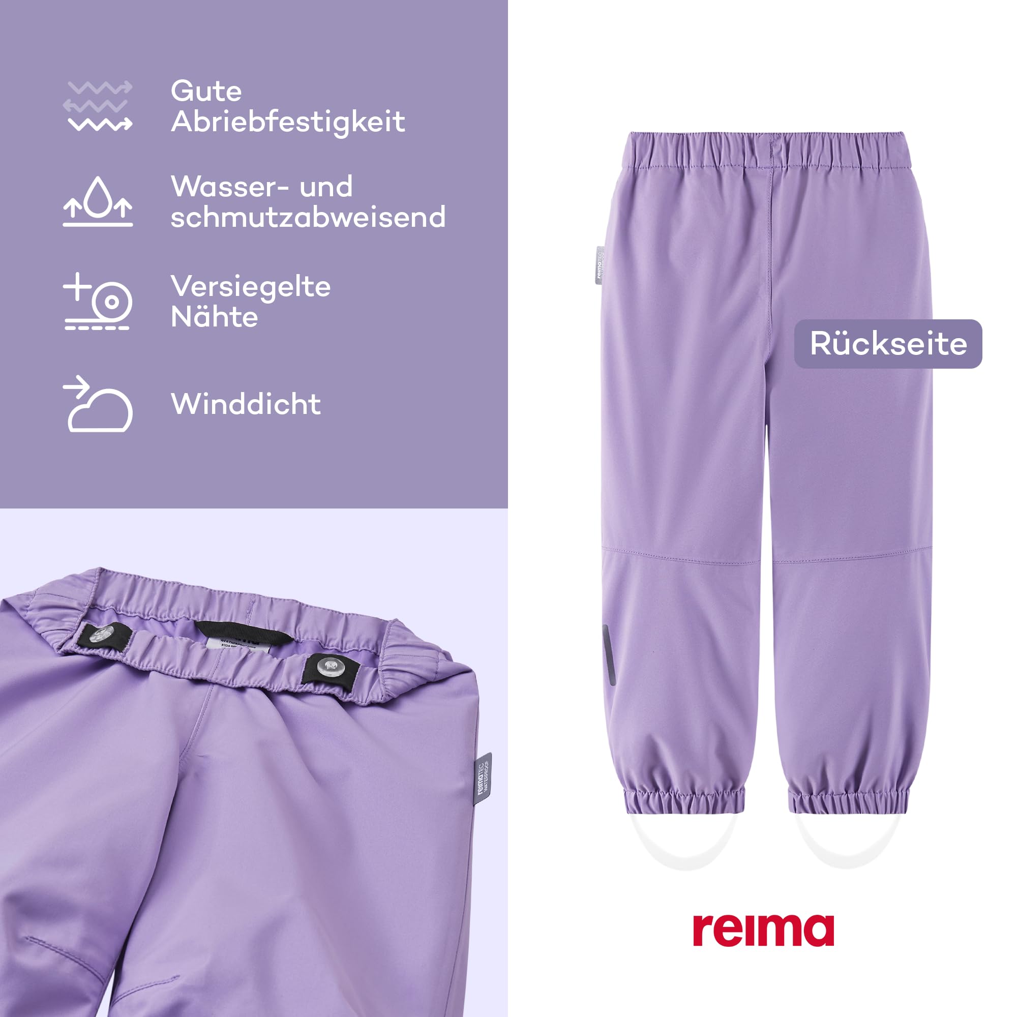 Reima - Kaura ReimaTec wasserdichte Regenhose für Kinder - Leichte, atmungsaktive Regenkleidung für Kinder, winddichtes, strapazierfähiges Material, Verstellbarer Bund - Blooming Lilac, 98