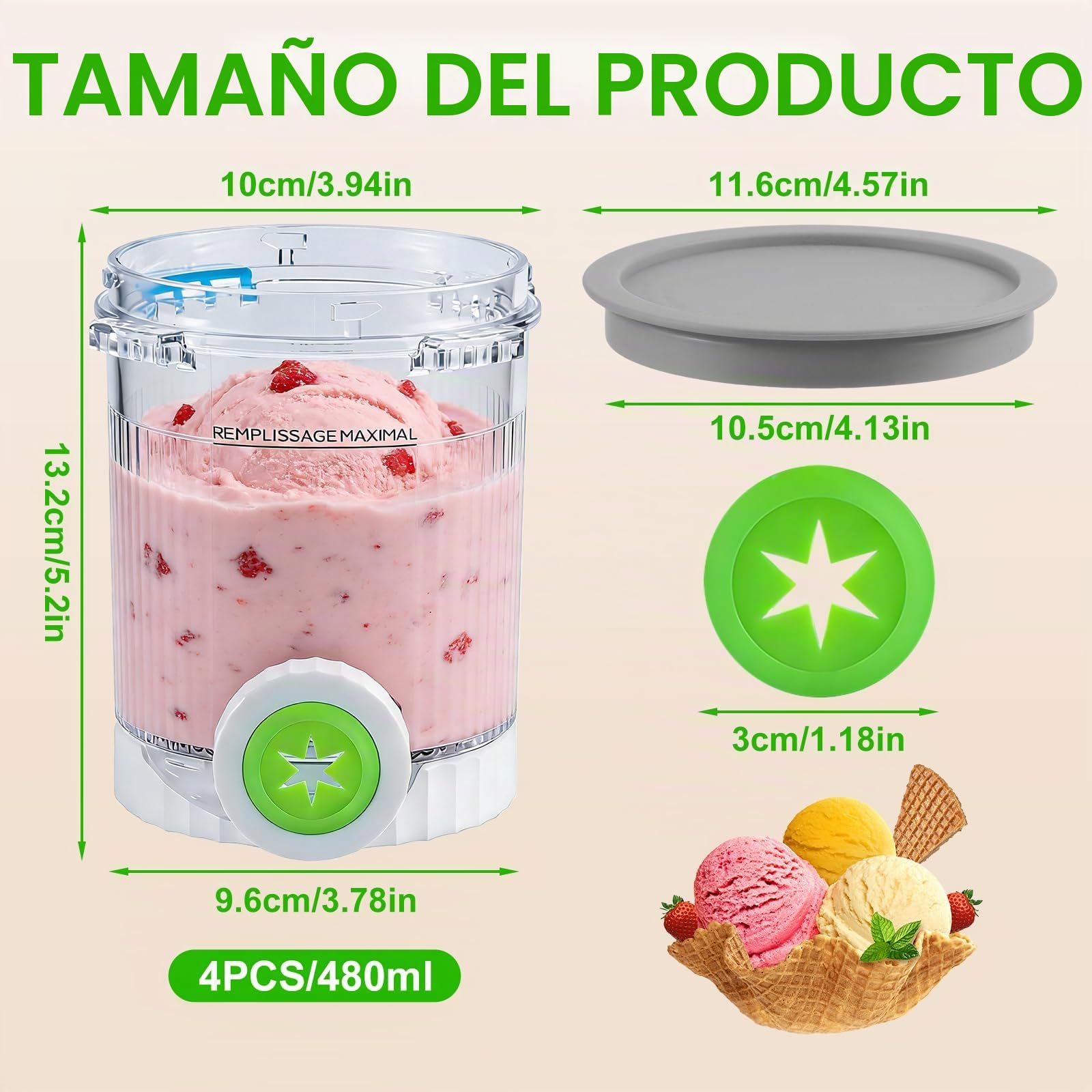 Qingning 4pcs Recipiente para Ninja Swirl Creami,480ML Recipiente de Helado | para Ninja Creami Swirl NC701 y NC700 Series, Recipientes para Helado con Tapa, Libres de BPA, Apto para Lavavajillas
