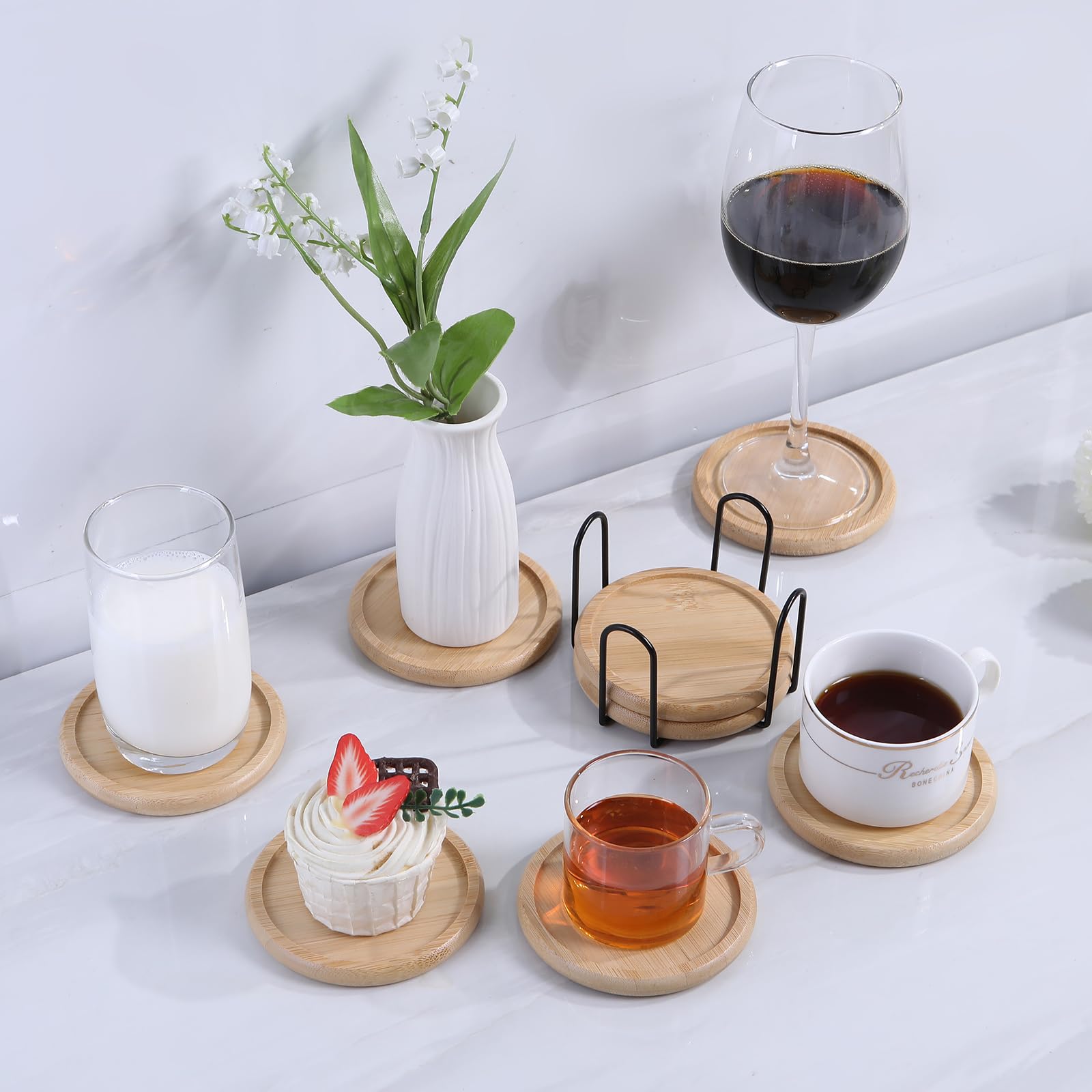 Posavasos de bambú para mesa de café, posavasos con soporte, posavasos calientes o fríos, juego de 4/8/12, 4 pulgadas, posavasos para bebidas, absorbentes, protección (12 piezas)