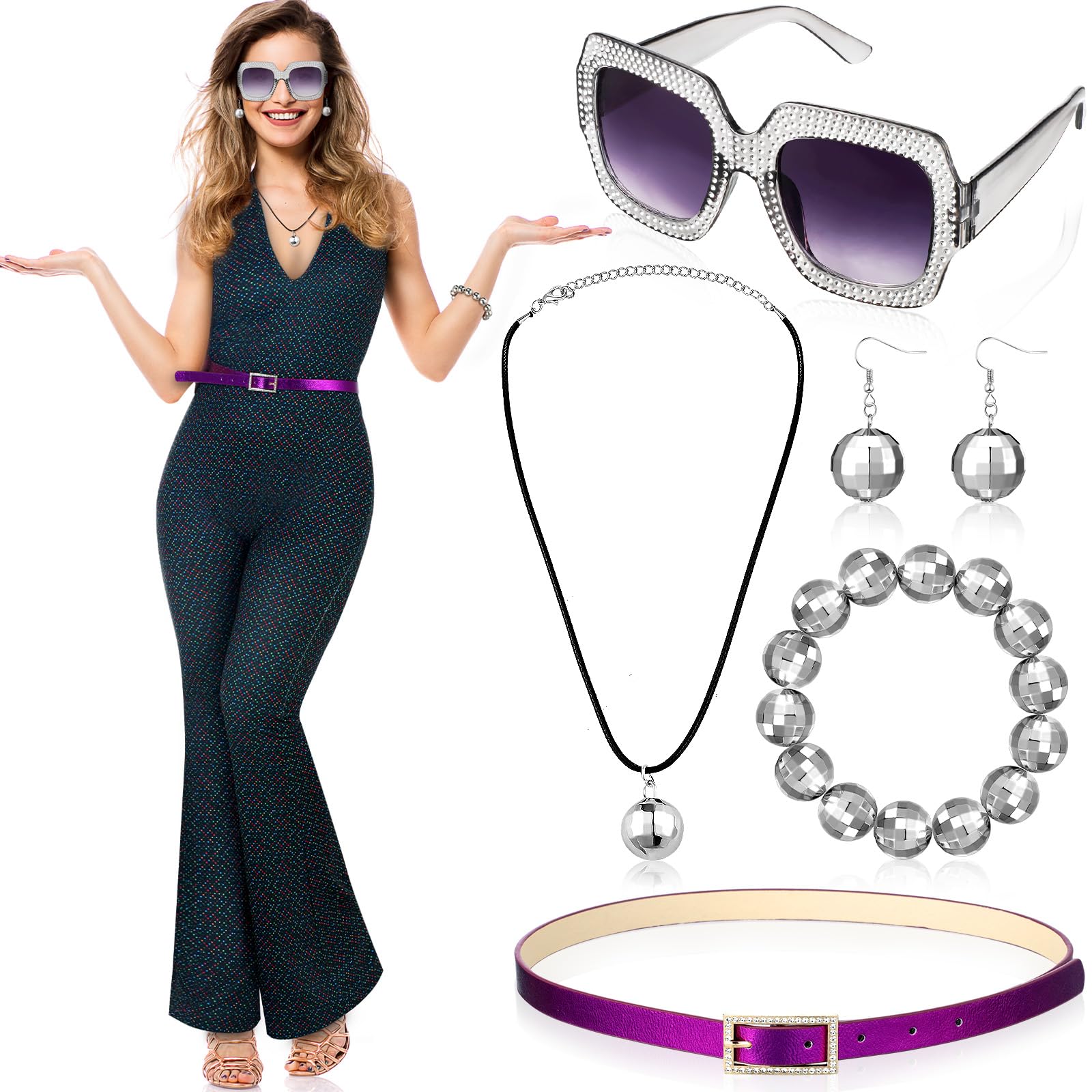 Toulite 7 Pcs 70s Disco Costume for Women Disco Jumpsuit Outfit Disco Accessories Disco Ball Earrings Necklace Bracelet Sunglasses