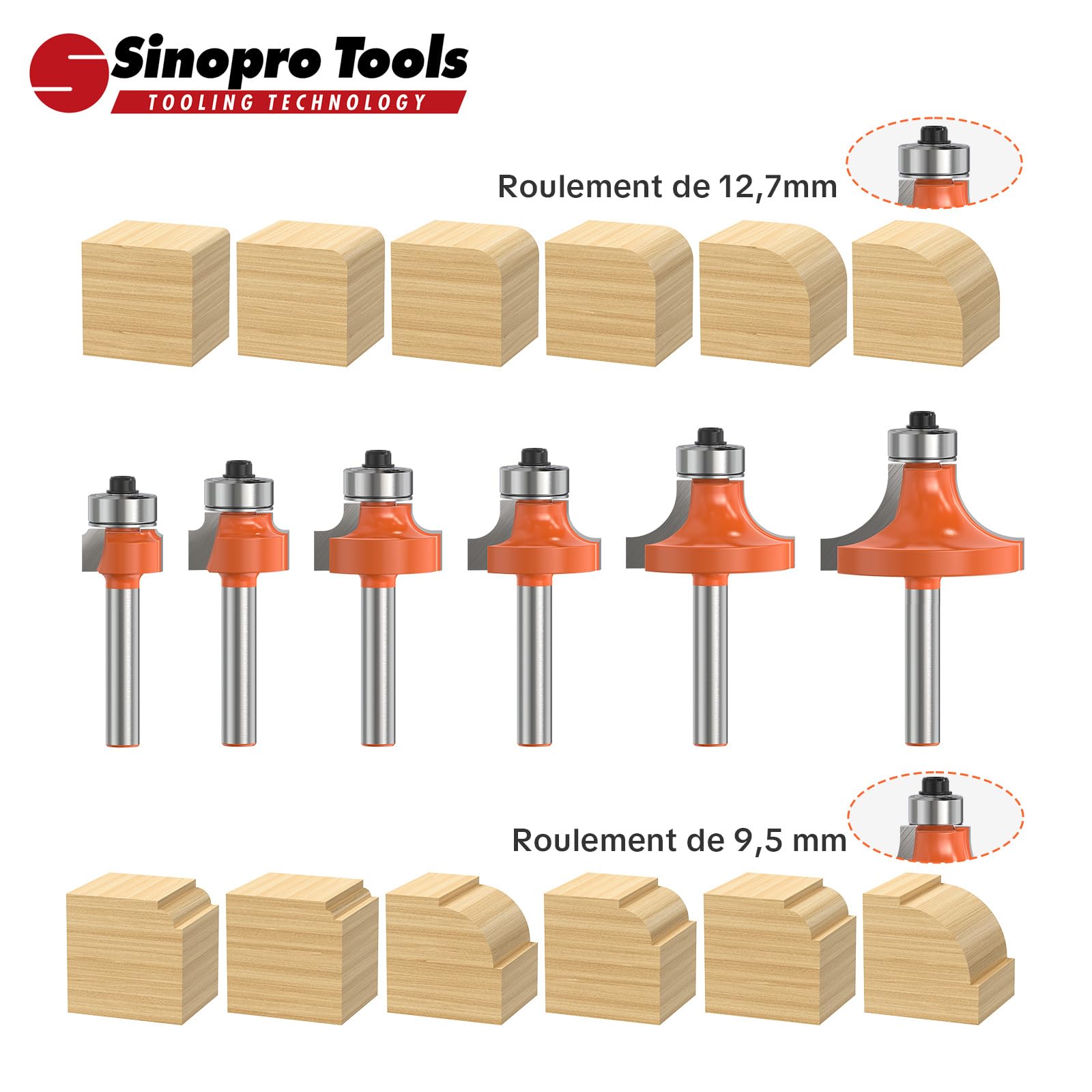 Jeu de 6 Fraise à Arrondir Quart de Rond–Queue 6mm, Rayons 1,5-3-5-6-10-13mm, Roulements Interchangeables 9,5 & 12,7 mm, Carbure Tungstène YG6X, pour Bois MDF Contreplaqué
