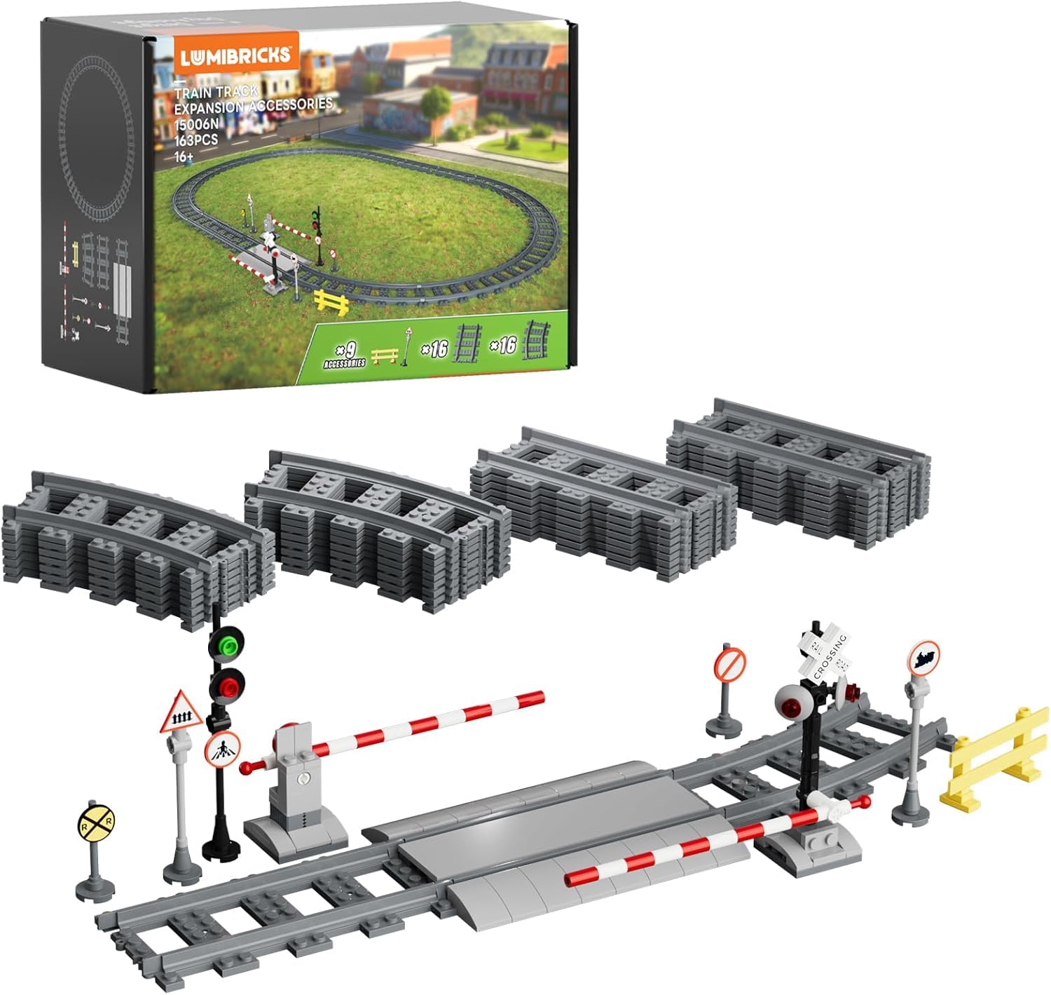 LUMIBRICKS Zestaw rozszerzający szynę kolejową, akcesoria z prostymi i zakrzywionymi szynami, peronem, szafą, sygnałami i drukowanymi klockami do instalacji kolejowych