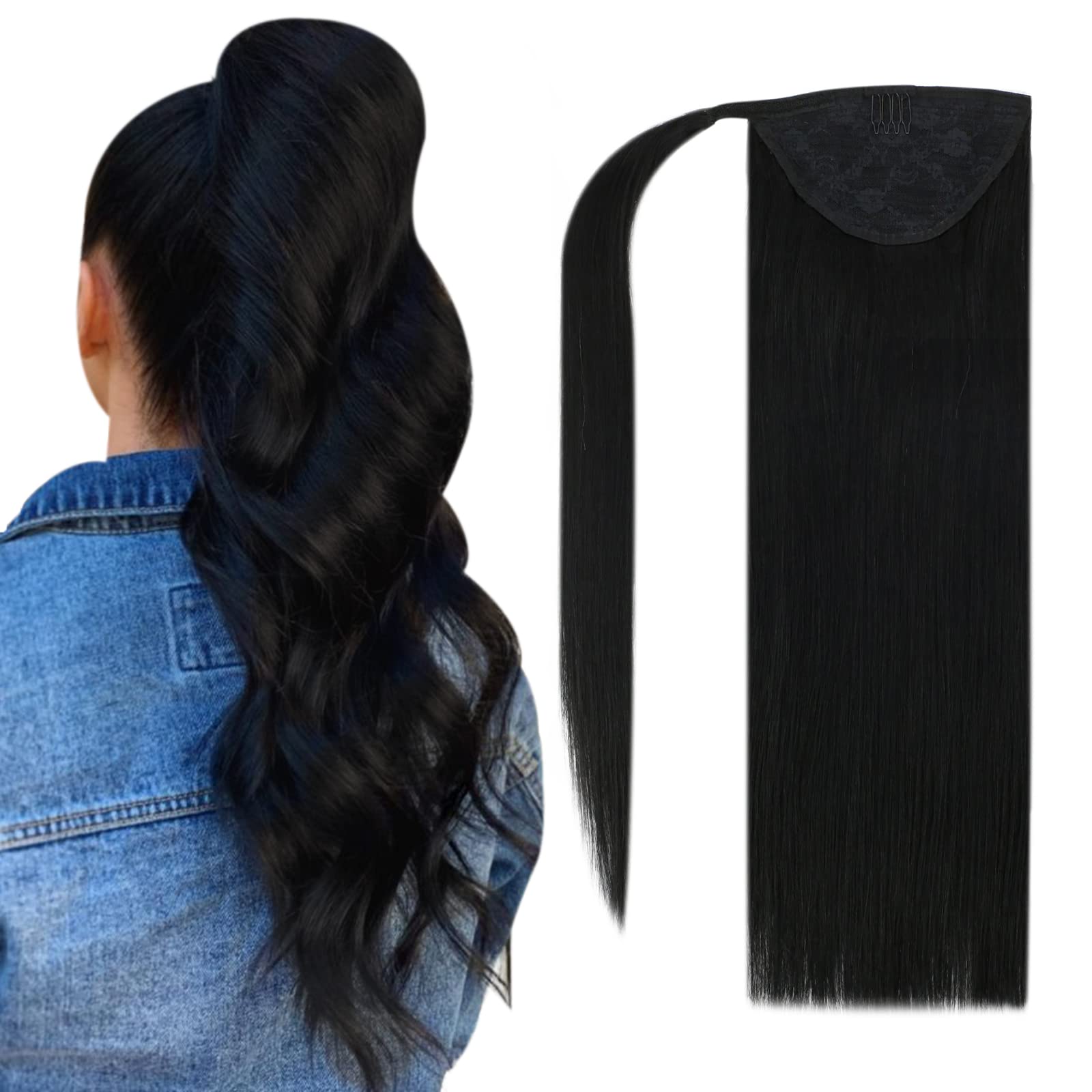 Ve SunnyClip in Ponytail Hair Extensions Jet Black Human Hair Ponytail Extension Black Ponytail Hair Extensions Wrap around Ponytail Human Comfortable Wear Hair Ponytail Extension 80g 20inch