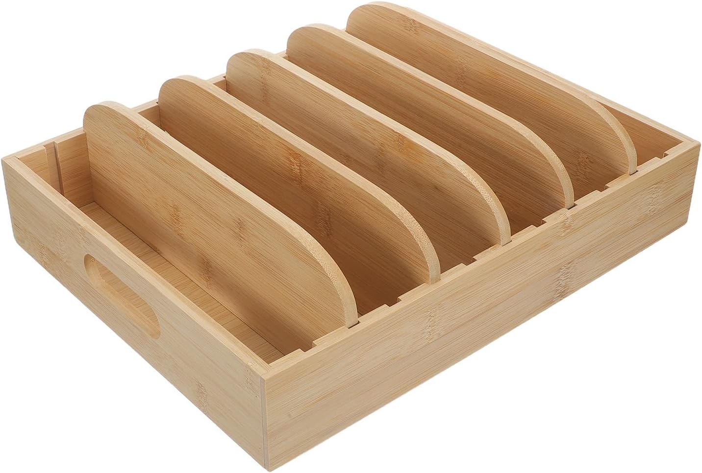 Kitchen Cabinet Organizer for Food Storage Container Lids - 5 Adjustable Dividers - Bamboo Drawer Caddy - Box for Kitchen Storage and Organization