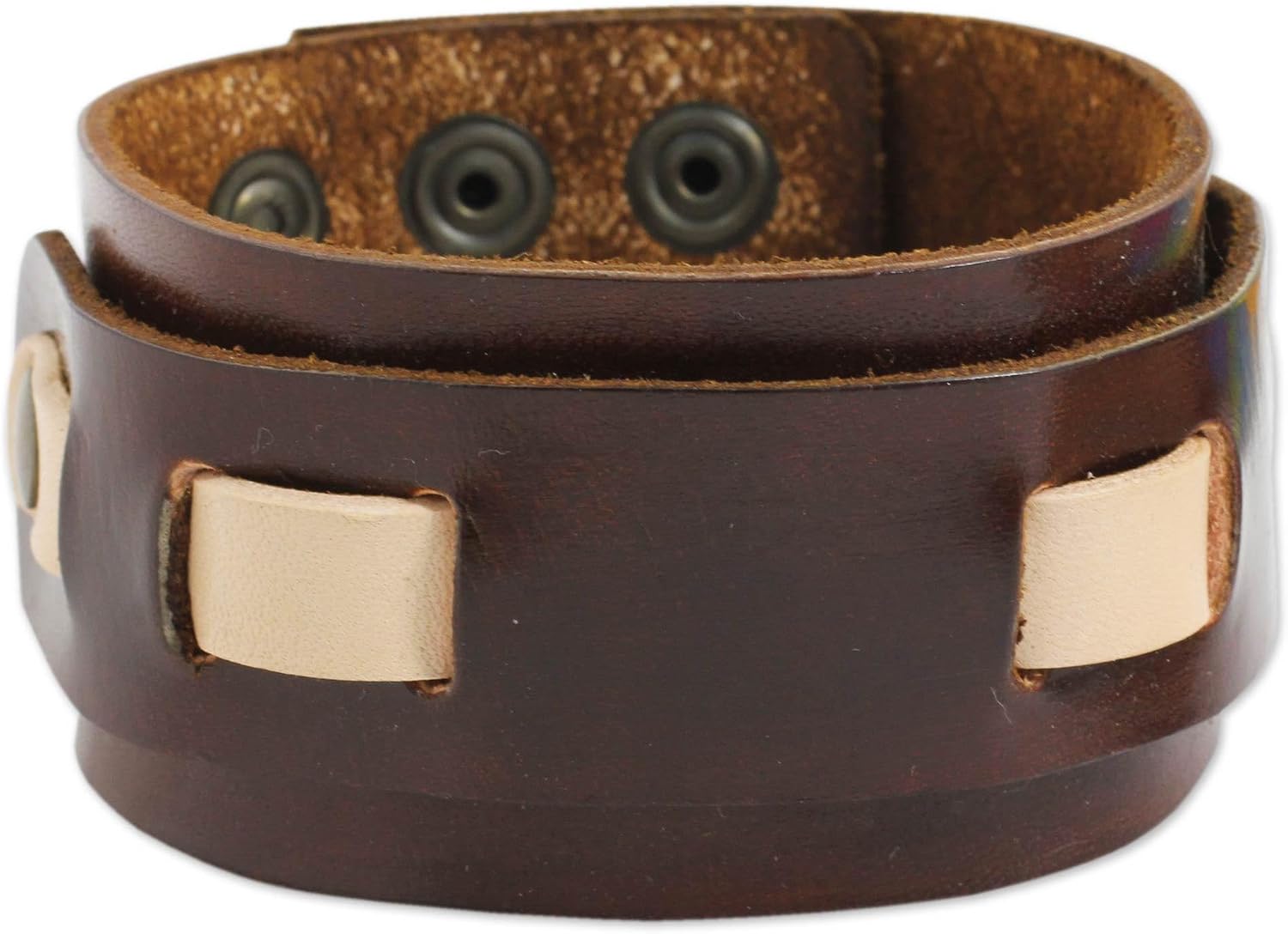 NOVICA Artisan Handmade Men's Leather Wristband Bracelet Artisan Crafted Brown for Brass Thailand [8.25 in min L x 9.75 in max L x 1.6 in W] ' Voyager'