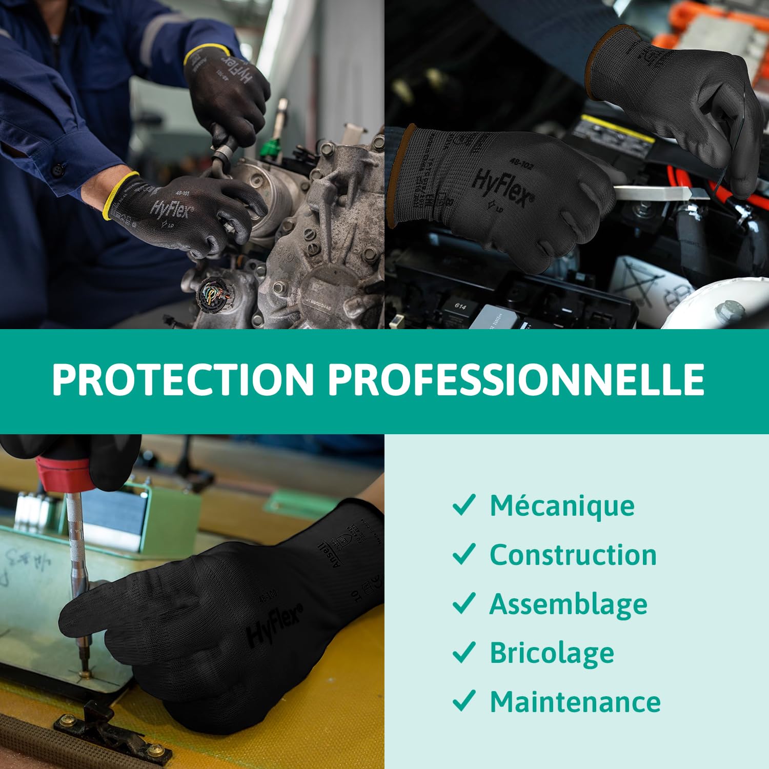 Ansell HyFlex 48-101 Gants de Travail Ultrafins, Nylon Extensible avec Enduction Polyuréthane, Protection Multiusage Haute Précision, Bricolage et Mécanique, Noir, Taille L (12 Paires)