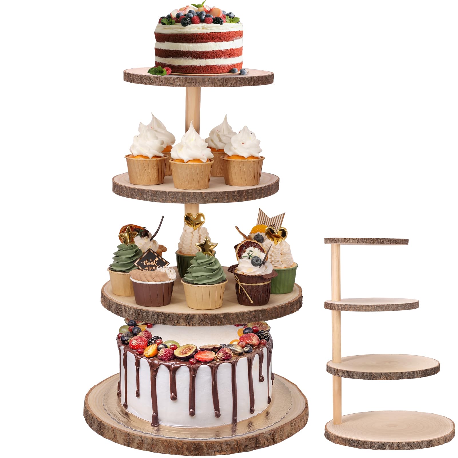 Ayfjovs 4 Tier Wooden Cupcake Tower Stand, Wood Cake Stand, Detachable Round Wood Slices Natural Cupcake Stand Cake Holder for Wedding Tea Party Birthday Baby Shower Dessert Tier Tray Display