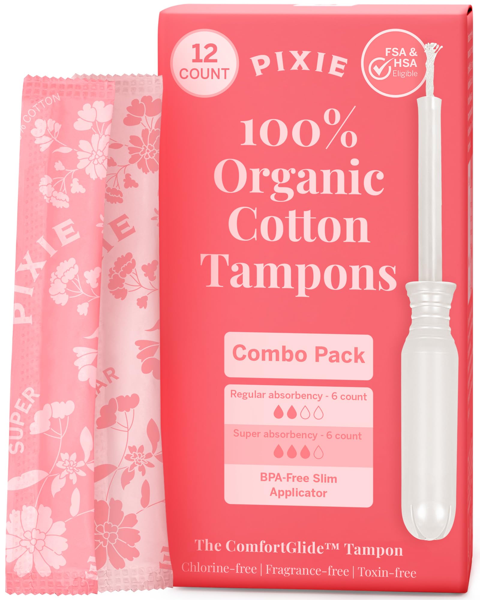 Pixie Organic Cotton Tampons - Regular & Super Absorbency, 12 Count