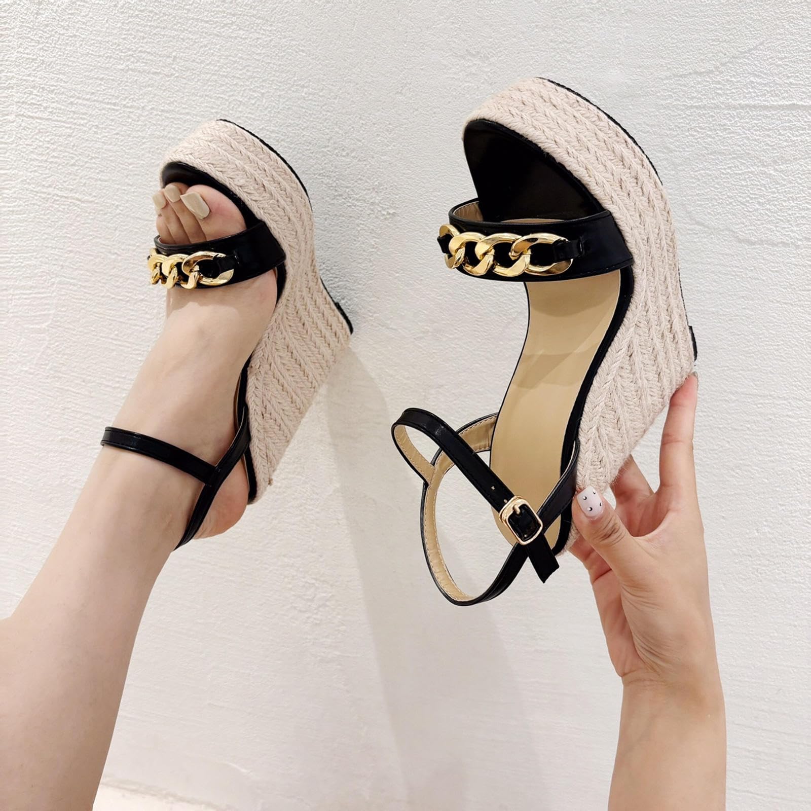 High Heels Damen Plateau Wedges Sandalen Slingback Knöchelriemen Offene Zehen Pumps Party Abendschuhe 14cm,Black-39