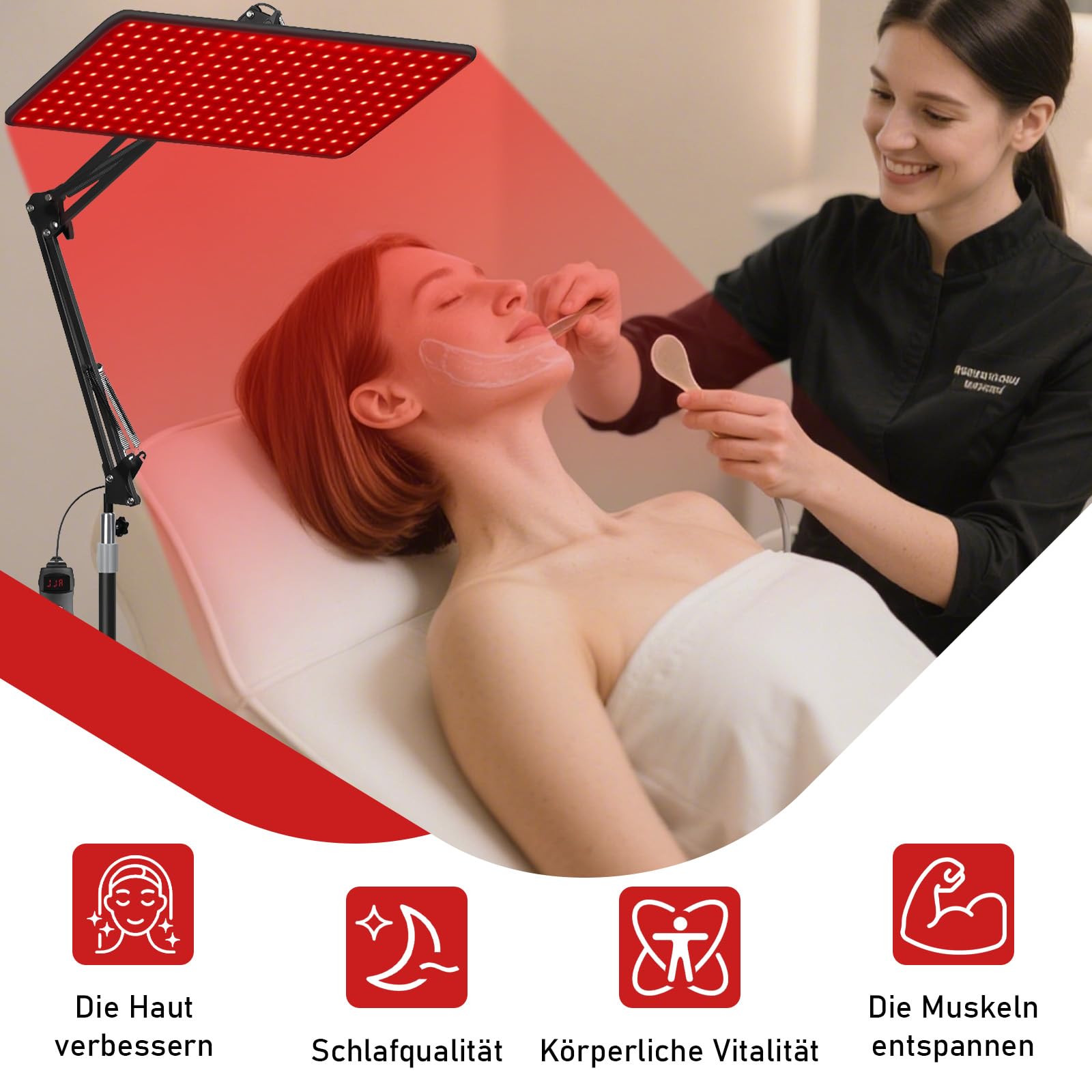 Rotlichtlampe für Ganzkörper & Gesicht Infrarotlampe mit 200 LED Tri-Wellenlänge 660nm, 850nm, 940nm Großes Wärmelampe-Panel mit Verstellbarem Ständer & Schutzbrille ideales Well