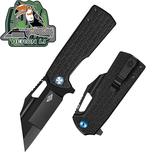 OKNIFE Heron L1 Wharncliffe - Cuchillo plegable de acero D2, hoja de revestimiento de titanio negro con mango G10 texturizado de matriz para