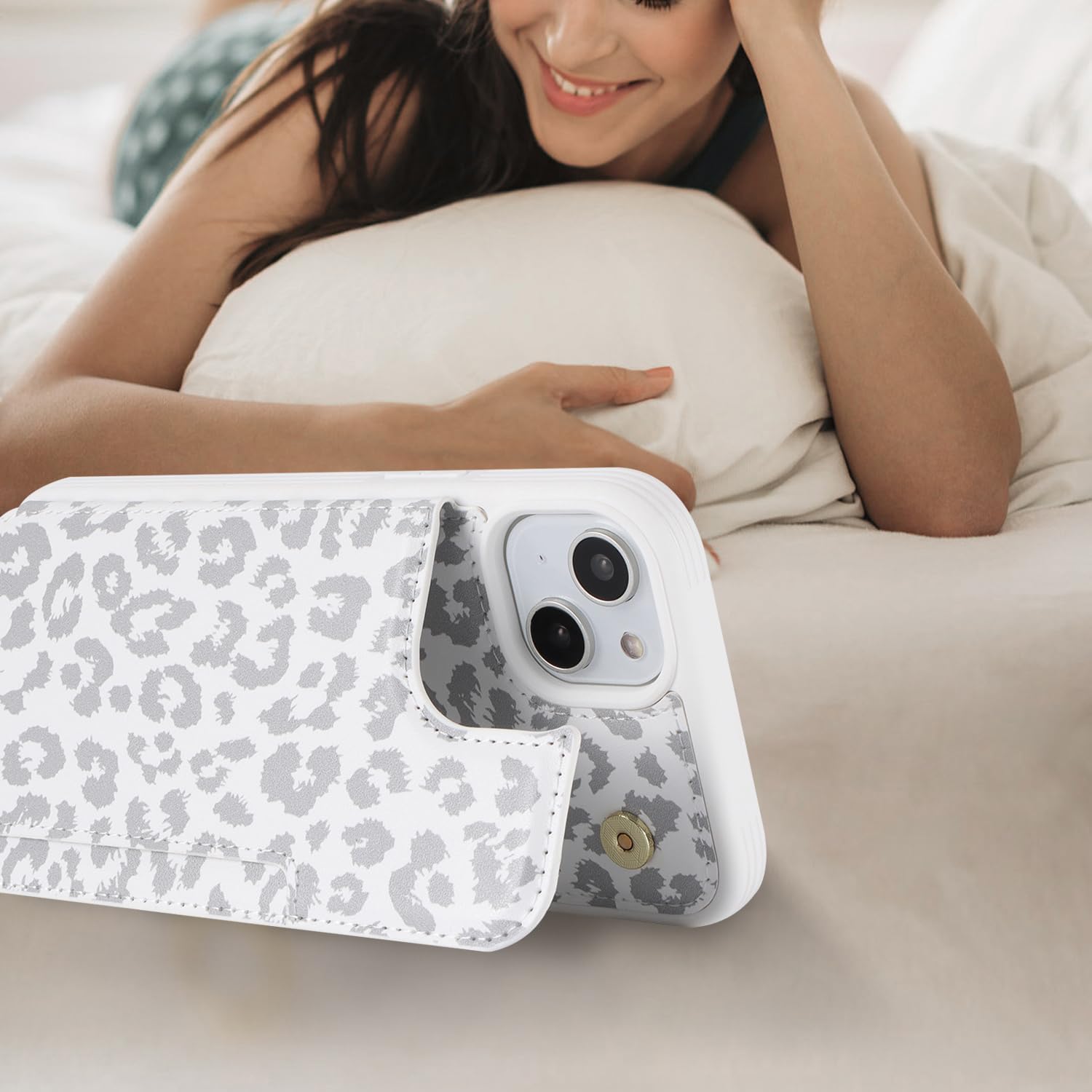 iCoverCase Compatible with iPhone 15 Plus Wallet Phone Case with Card Holder for Women Men, [RFID Blocking] Card Slots PU Leather Protective Wallet Case 6.7 Inch (Gray Leopard) - Image 5