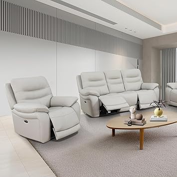 Power Recliner Sofa Set for Living Room, Genuine Leather Reclining Furniture Set, 2 Piece Couch With Cup Holder and USB Charging Port