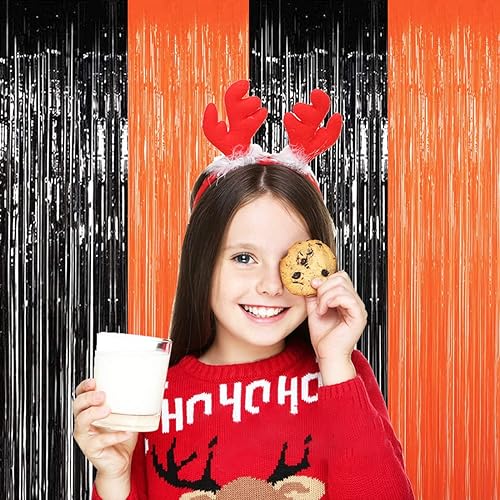 Miniatura 5 de Cortina de flecos de aluminio negro y naranja, 4 cortinas de oropel de 3.28 pies x 8.2 pies, telón de fondo para cabina de fotos, telón de fondo