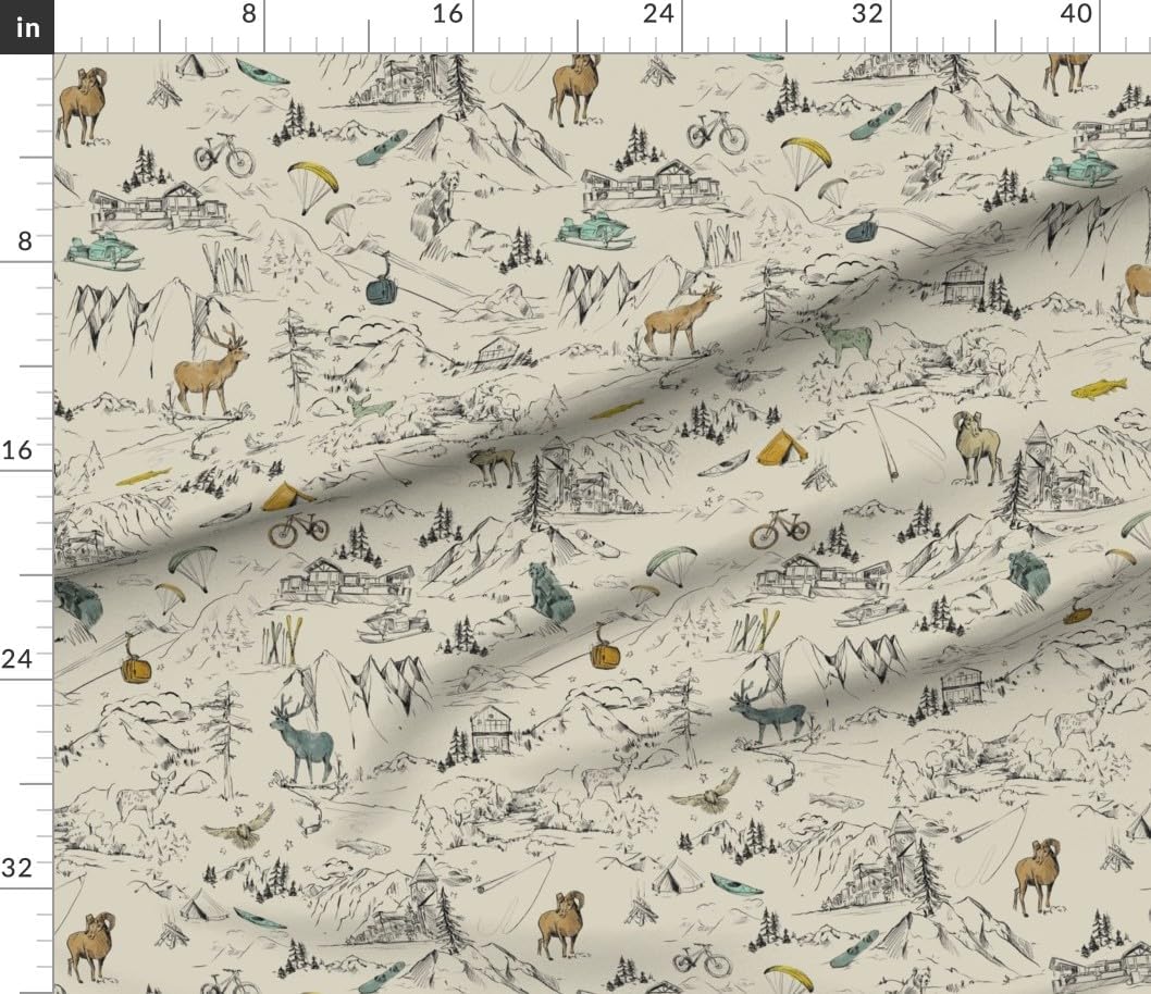 Spoonflower Fabric - Deer Skiing Slopes Camping Mountains Ski Elk Snowboard Bike Nature Printed on Petal Cotton Fabric Fat Quarter - Sewing Quilting Apparel Crafts Decor