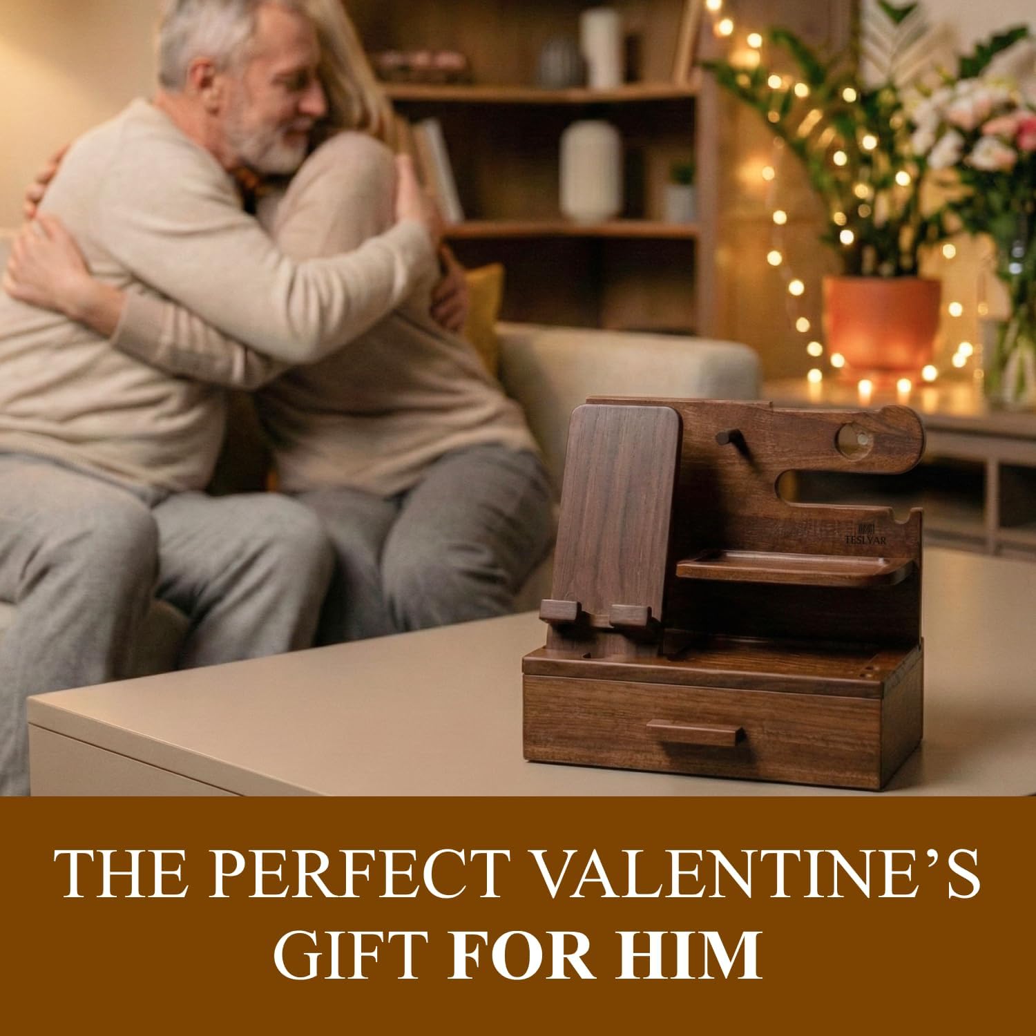 teslyar wood phone docking station with drawer - nightstand organizer - desk organizer for husband - birthday gifts for men, dad, anniversary idea, key holder stand watch & accessories (bourbon brown)