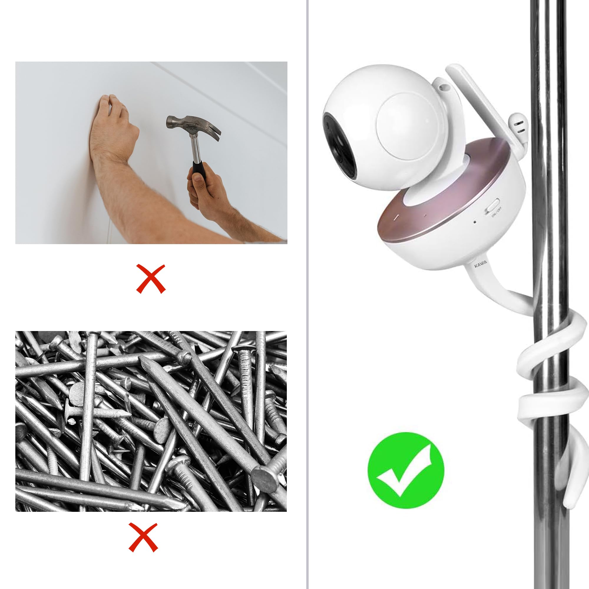 KAWA Babyfoonhouder, universele babyfoonhouder voor wieg, flexibele babyfoonhouder, compatibel voor alle 1/4 drievoudige babyfooncamera, zonder gereedschap of wandschade - wit