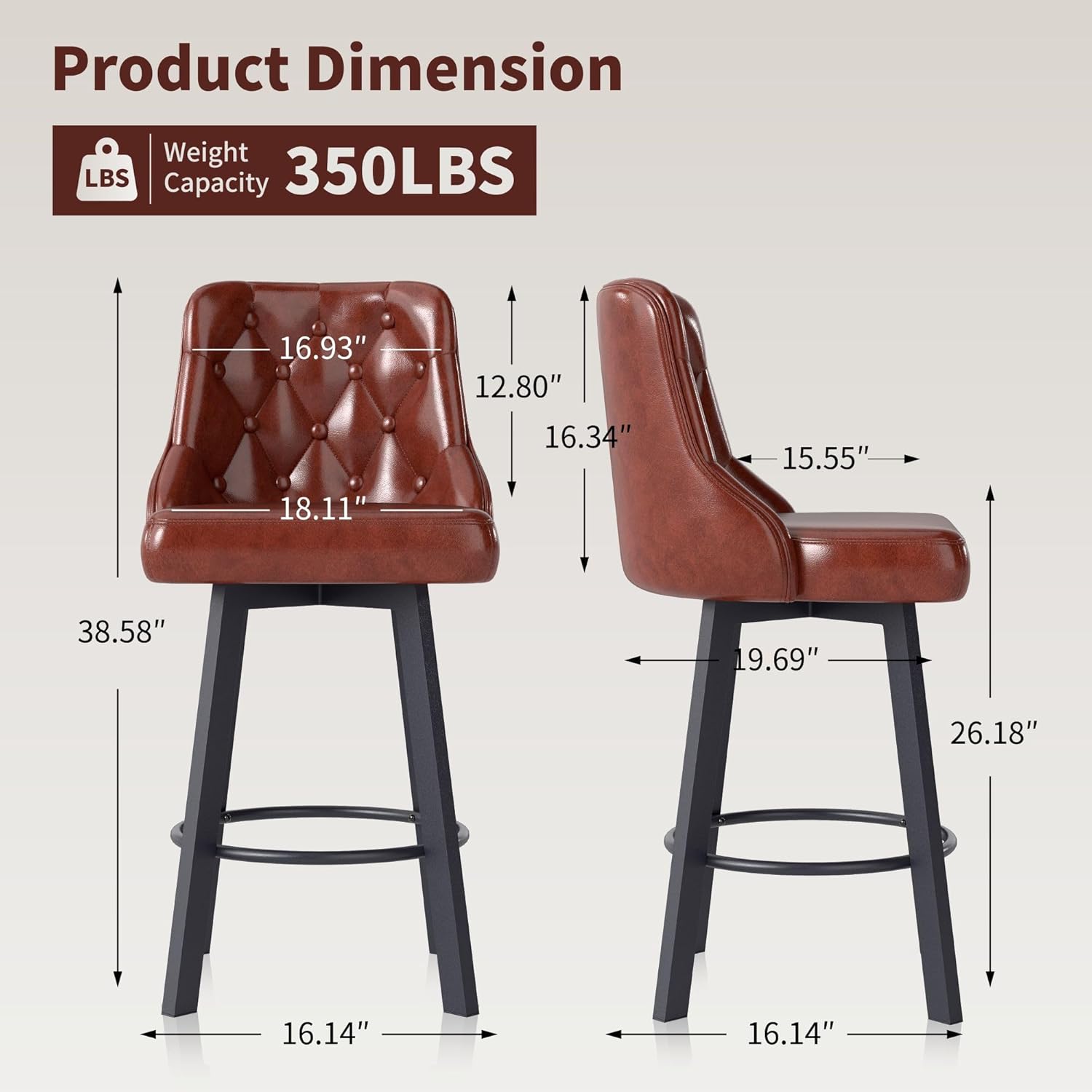 ralex-chair Swivel Barstools Set of 3, 26’’H Modern Counter Height Barstool with Metal Legs,Faux Leather Upholstered Bar stools with Back for Kitchen Island, Dining Room, Pub - Brown