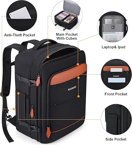 Miniatura 6 de Bagsure Mochila de viaje 42L Mochila de transporte aprobada por vuelo Mochila expandible Maleta Mochila Equipaje Daypack, Negro-marrón (mochila con
