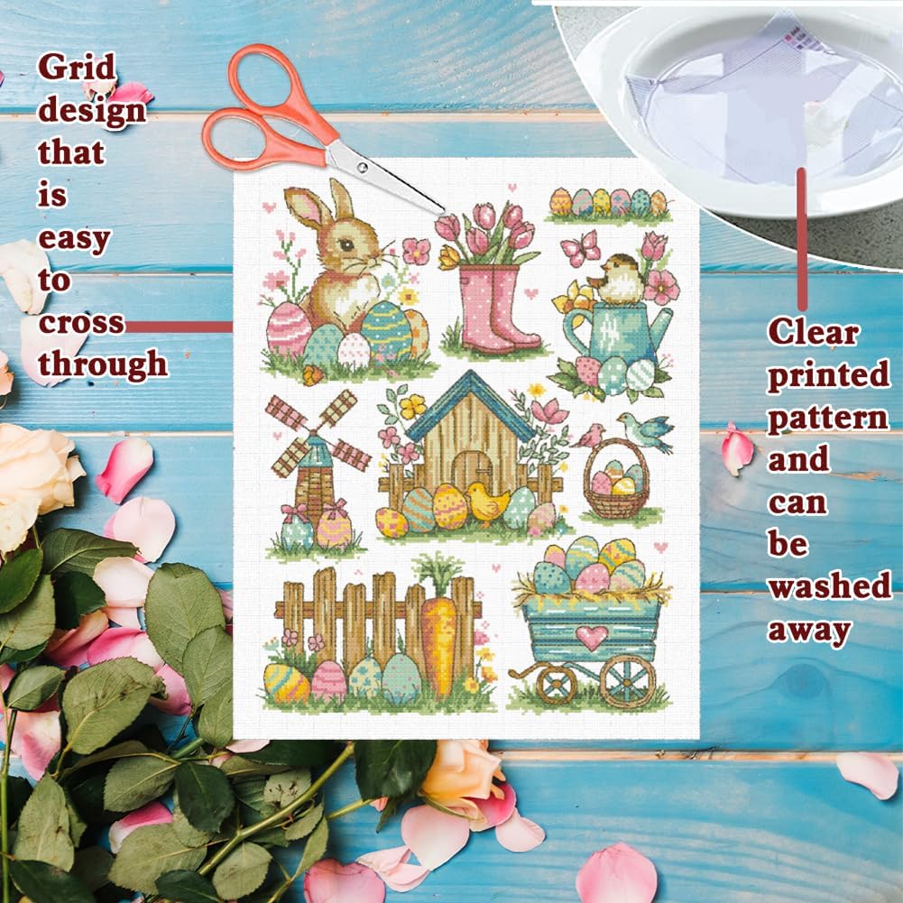 FREEBLOSS Easter Cross Stitch Kit for Beginners and Adults Bunny and Eggs Stamped Crossstitch Kits 11CT Cross Stitch Wall Painting Kit for Home Decor Gift DIY Embroidery Kits image 3