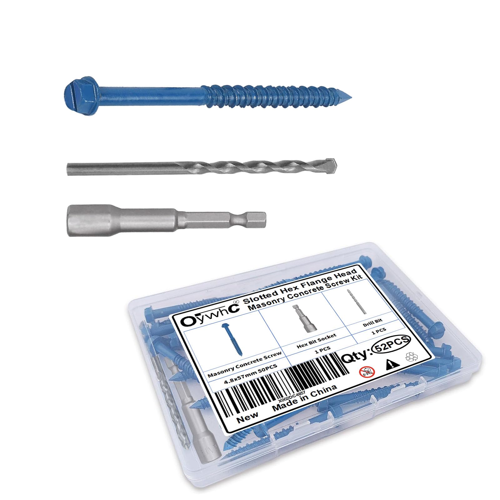 OywhC 50Pcs Masonry Concrete Screws 4.8mm x 57mm with Hexagon Socket Bit & Drill Bit, Special Blue Coating, Hexagon Flange Head, Conical Diamond Tip, High-Low Threads, for Masonry/Concrete/Brick/Block — image 1