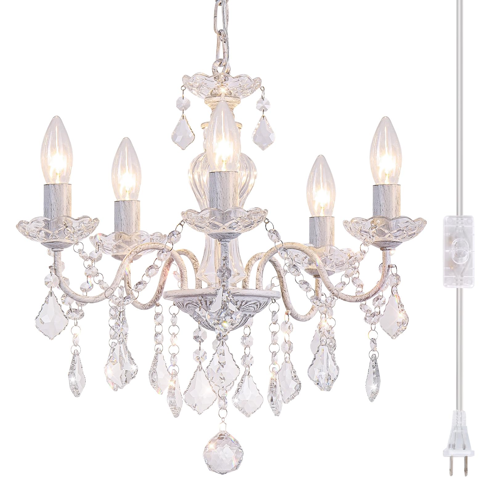 Plug in Modern 5-Light Distressed White Chandelier with Glass Crystals, Candle Style Pendant Light Fixtures for Living Room, Girls Room, Kitchen Island, Entryway