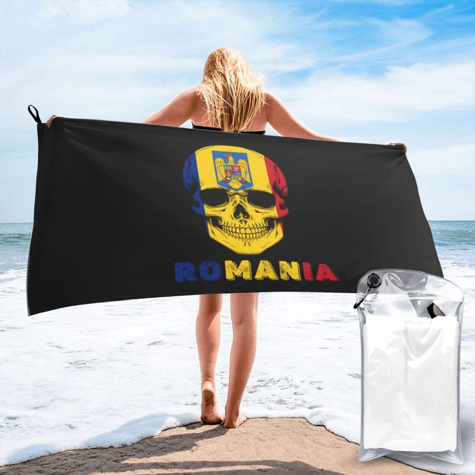 HACXZ Skull Romania Flag Lightweight Absorbent Beach Towel Microfiber Beach Towel 31.5"X63"