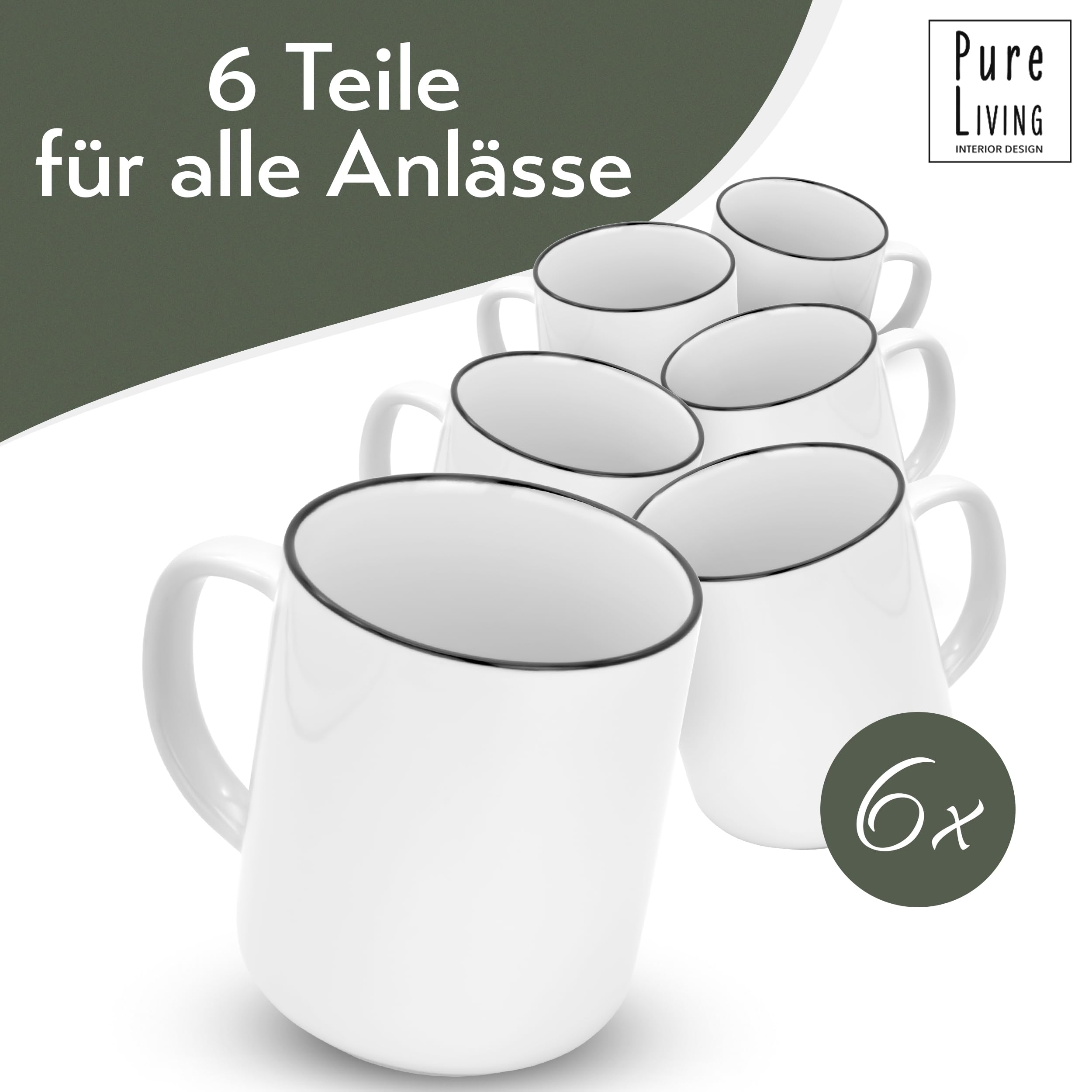 Kaffeetassen 6er Set Scandi - Premium Porzellan Tassen, Skandinavischen Design, Spülmaschinenfest - Moderne Tee- und Kaffeebecher weiß, Stilvolle Ergänzung zum Kaffeeservice - Pure Living Geschirr