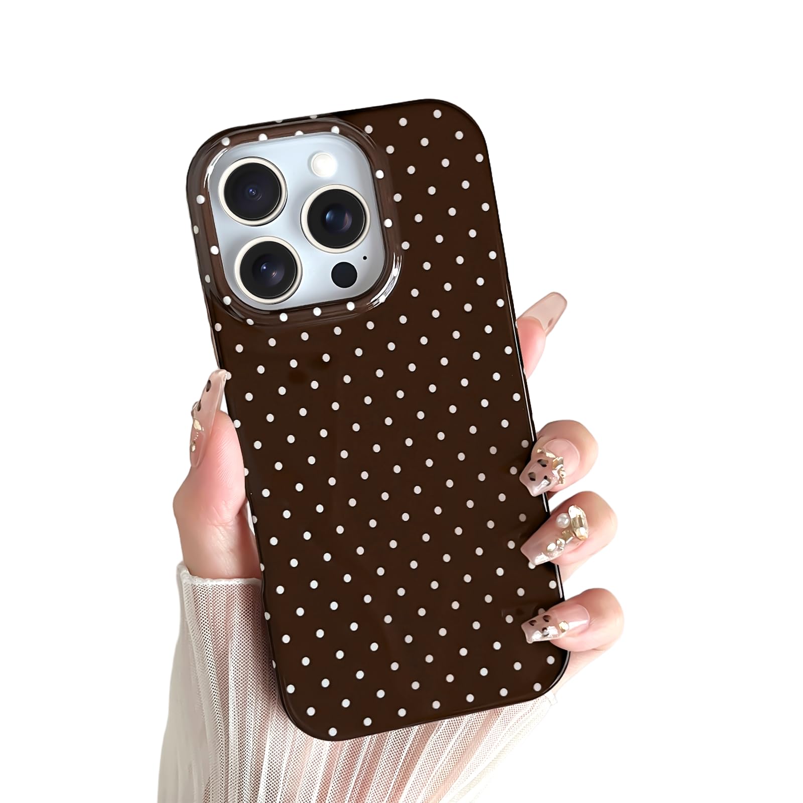 Yeddabox for iPhone 16 Pro Max Case Cute Polka Dot Phone Case Soft TPU Slim Shockproof Phone Cover for Women Girls, Brown
