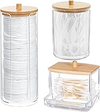 Cotton Pad Holder,Cotton Swab Box/Cotton Pad Holder/Cotton Ball Holder,Bathroom Dispensing Jar,Cotton Pad Cosmetic Storage Box With Bamboo Lid -3 Pack