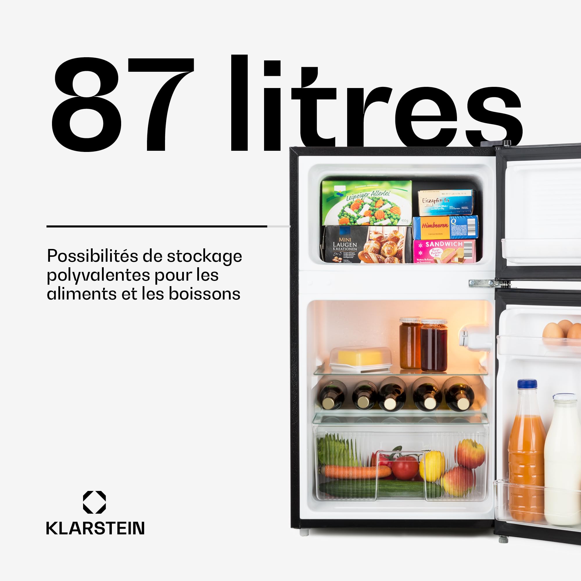 KLARSTEIN Big Daddy Cool - combiné réfrigérateur-congélateur, 87 l: réfrigérateur 61 L et congélateur 26 L, classe énergétique E, système ECOExcellence, 2 clayettes en verre de sécurité, noir