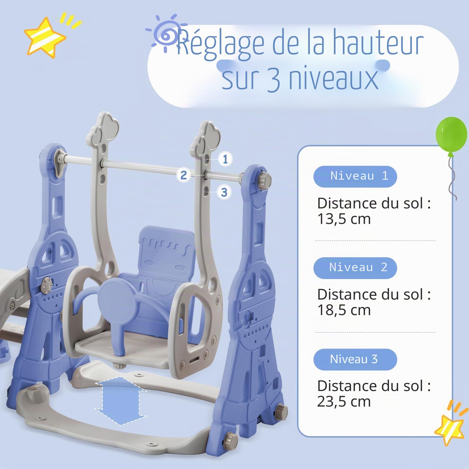 DADEA Toboggan 4 en 1 pour Enfants avec Panier, Toboggan et Balançoire pour Enfants de Plein Air Bleu, Balançoire et Toboggan pour Enfants pour la Maison, 140×118×82 cm, Convient pour une utilisation